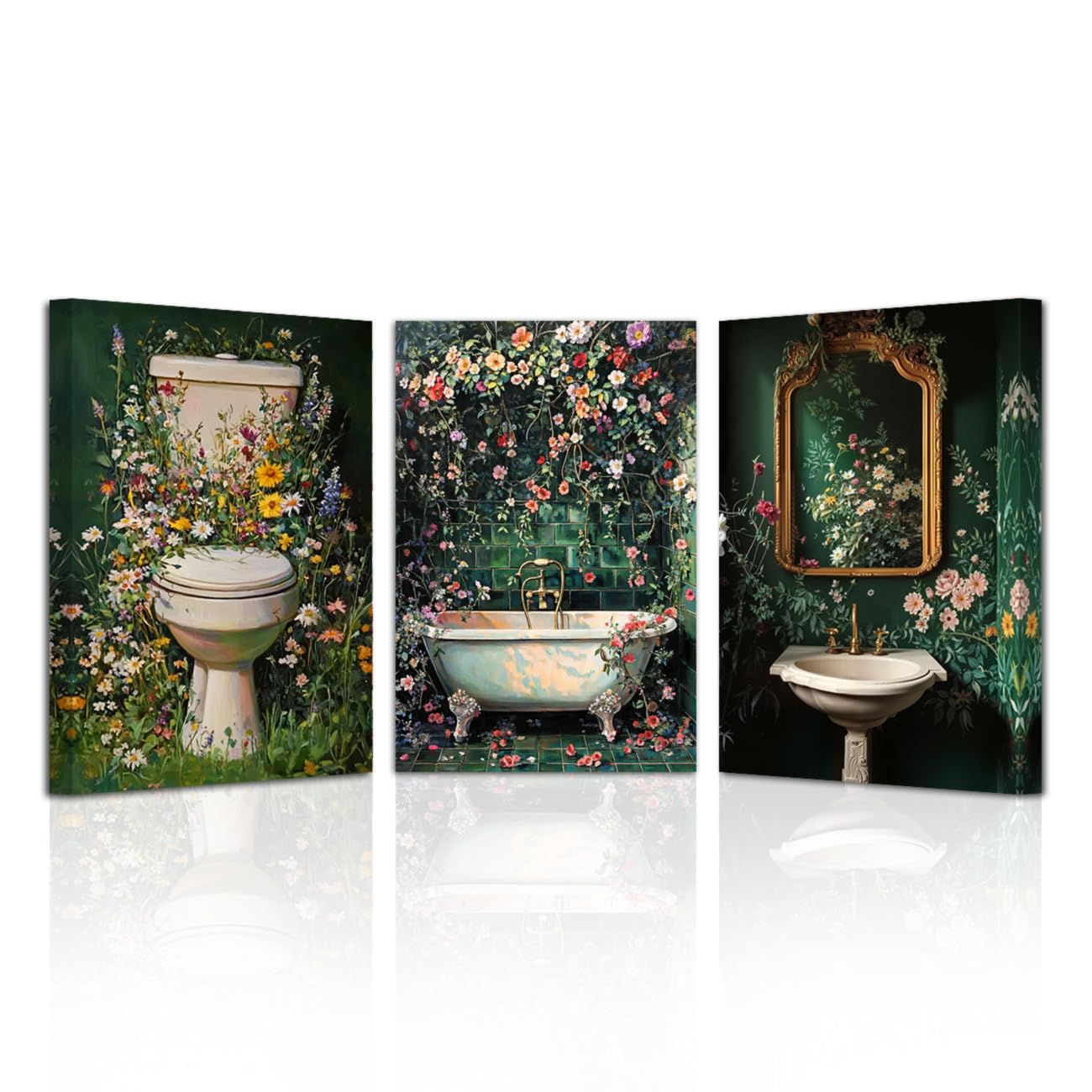 LZIMU Dark Green Bathroom Wall Art 3 Piece Vintage Floral Bathroom Painting Wildflowers Canvas Art Green Plant Pictures Restroom Decor Framed (Dark, 24x36inchx3 Pieces)