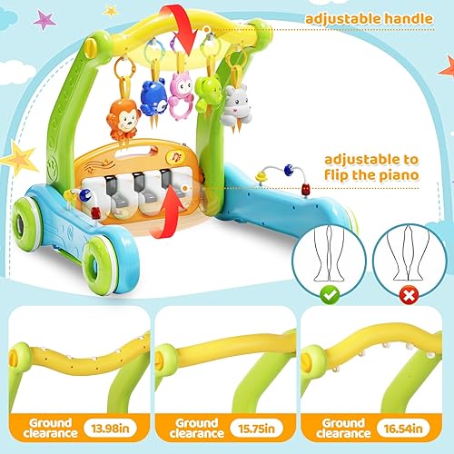 Miniatura 5 de Tapete de juego para gimnasio para bebés con andador, centro de actividades de piano 2 en 1 con luz y música, tapete para el tiempo boca abajo y