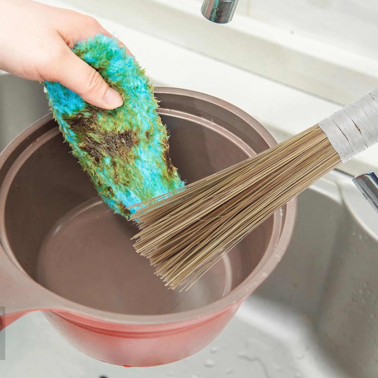 Cepillo para Fregar de Natural, 2 Piezas, Tamaño Mediano, Cerdas Seguras para Antiadherentes, Limpieza Rápida y Multiusos para Platos de Cocina y Ollas Multifunción, Portátil
