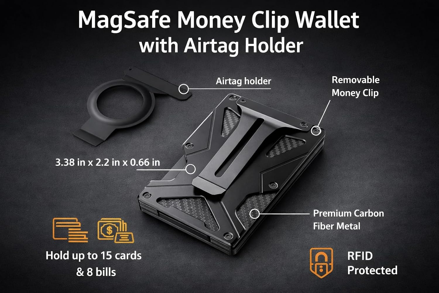 Slim Metal RFID Blocking Wallet for Men, Minimalist Aluminum Card Holder with Money Clip, AirTag Compatible Magnetic Phone Wallet, Carbon Fiber Wallet, Holds up to 15 Cards (Blue, No Airtag) image 4