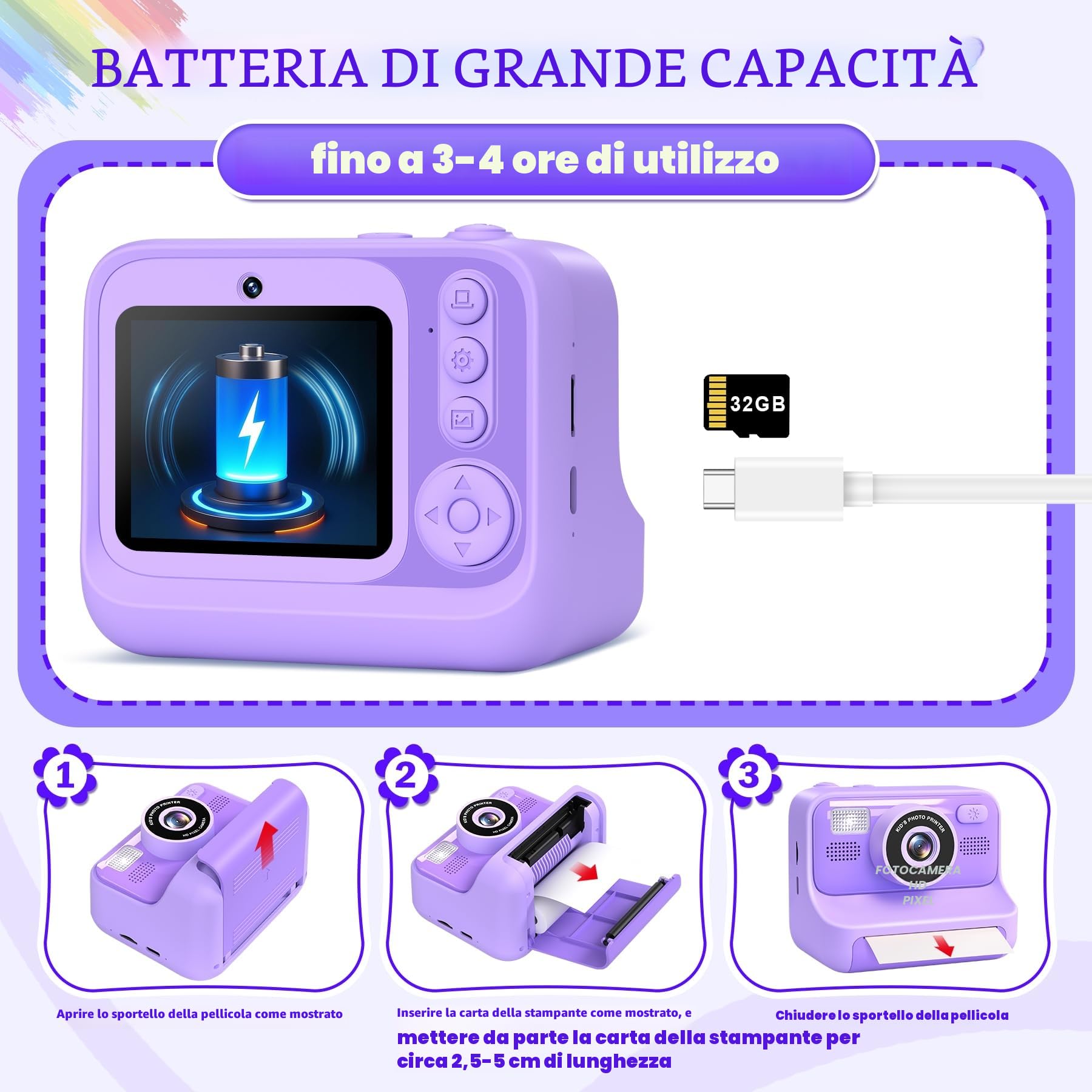 Subtail Fotocamera istantanea per bambini, 1080P, fotocamera istantanea per bambini, fotocamera digitale per selfie con 32 GB, giocattolo di compleanno a partire da 3-12 anni(Viola)