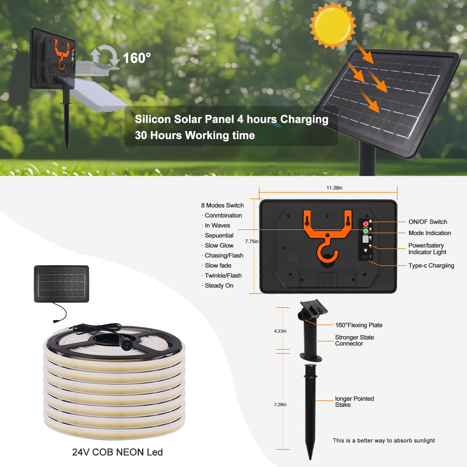 Tira de luces LED Solar 24V, 8 Modos de luces de neón para exteriores, IP65 Tira de Neón Solar Cuttable 5cm, 320LEDs/m Tira LED COB súper brillante para patio, patio(Blanco Cálido,7M)