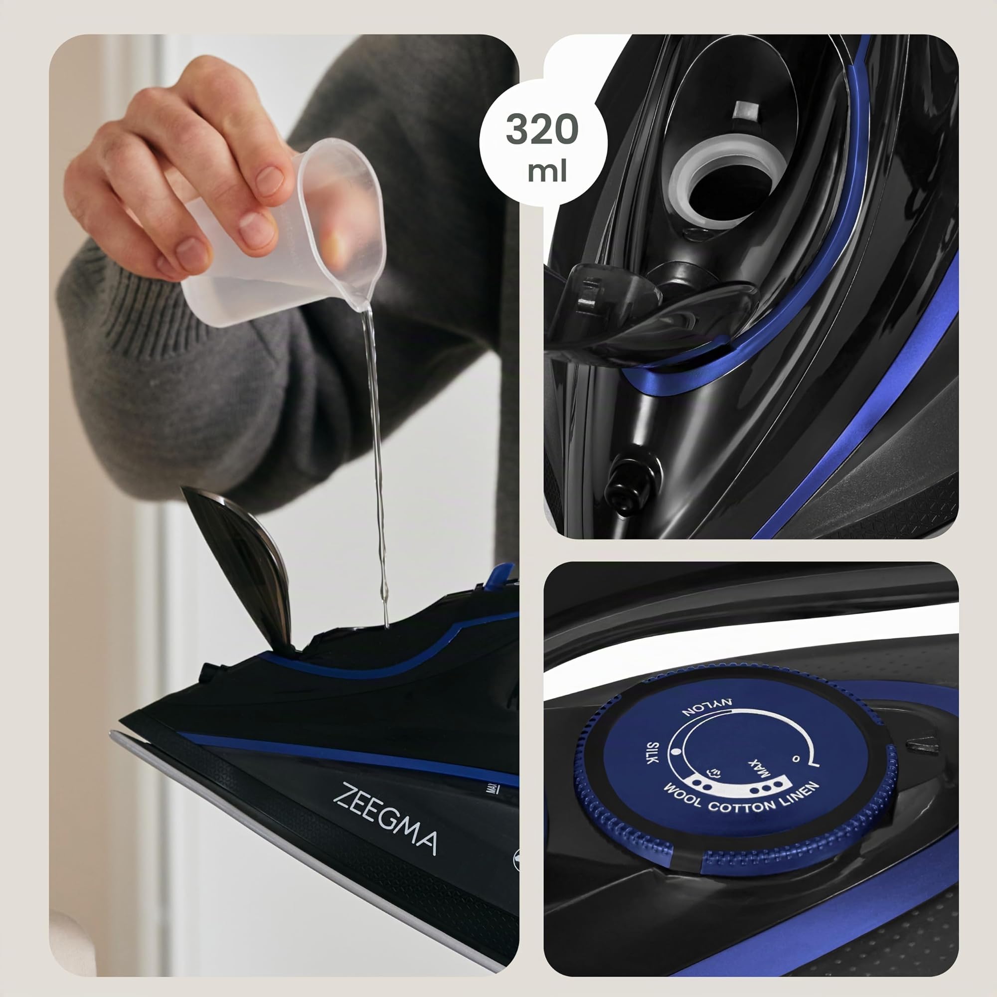 ZEEGMA EISIG BASE Plancha con Cable 3100 W con Revestimiento Cerámico, Planchado a Vapor y en Seco, Salida de Vapor de hasta 40 g/min, Depósito de 320 ml Autolimpieza, Anti-Drip y Anti-Calc
