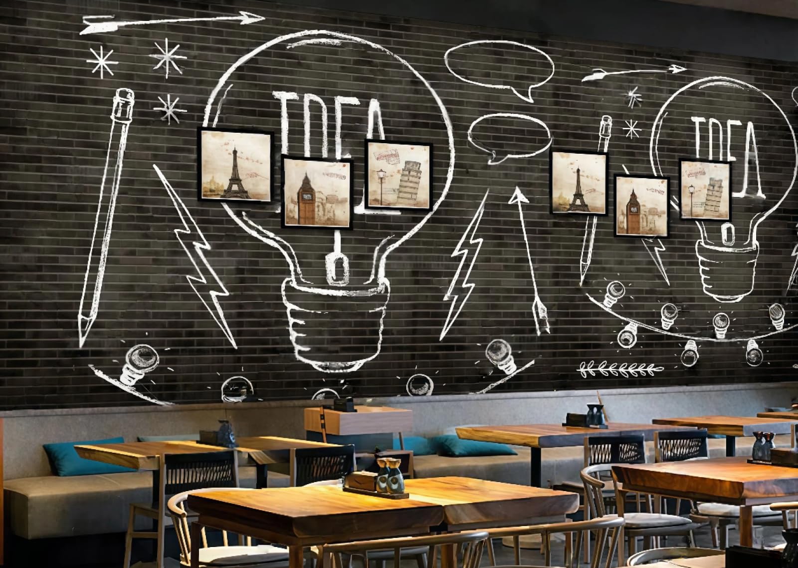 Xdoubao 3D Wallpaper Fashion Black Brick Wall Poster Light Bulb Theme Bar Dessert Shop Afternoon Tea Western Restaurant Background Wall Wallpaper Coffee Shop Mural,,350X245cm