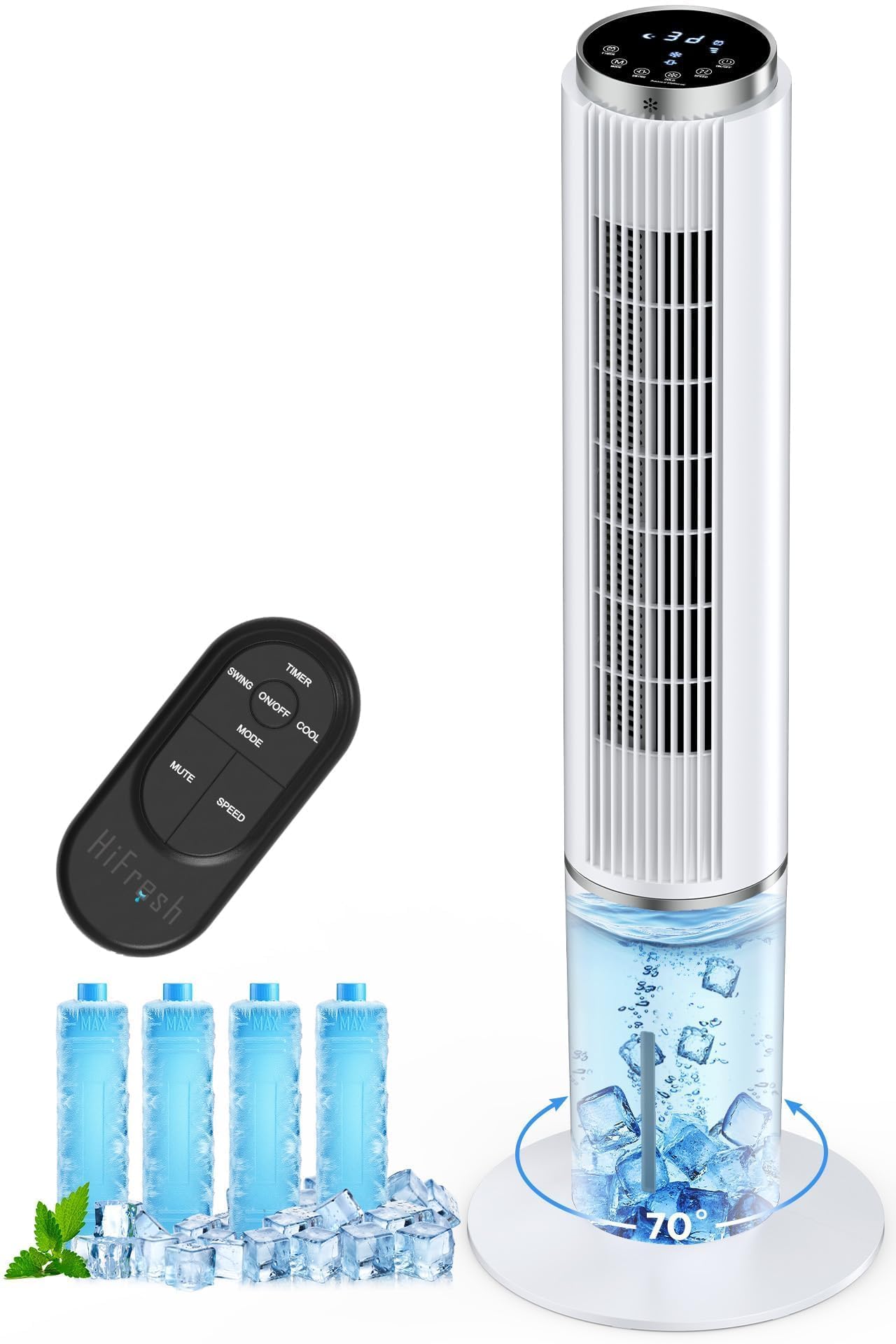 HIFRESH 107CM Tower Fan for Room w/Cooling Function, Bladeless Tower Fans for Home, Remote & Touch, 4 Modes & 3 Speeds, 26Ft Air Throw, 12H Timer, 4 Ice Packs, Auto Rotation, Low Power Consumption
