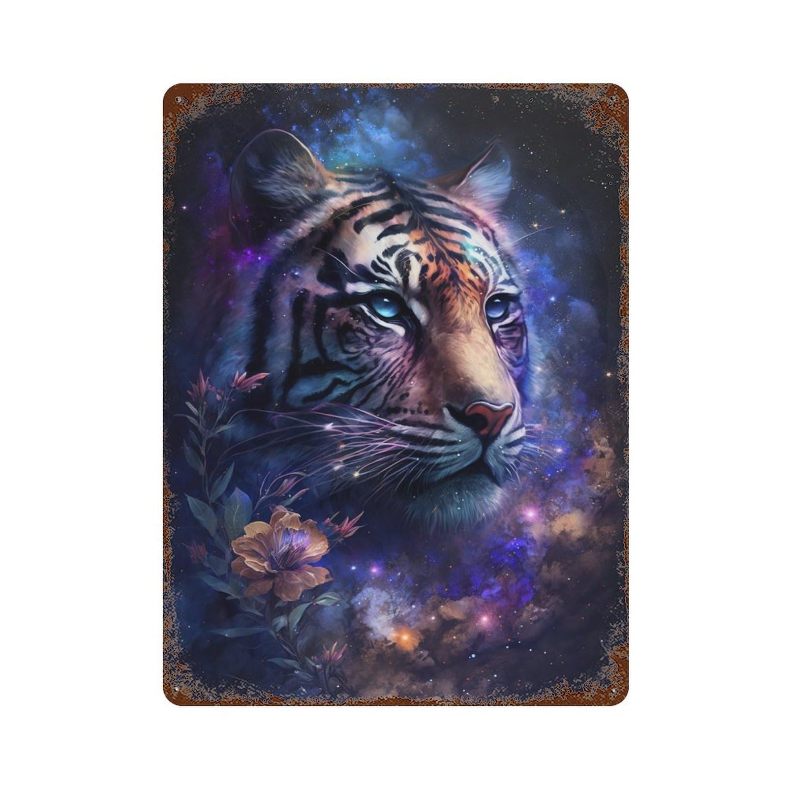 Rusty Metal Tin Sign with Galactic Tiger Majesty Design 15.7"x11.8", for Shed, Workshop And Garage Wall Decor, Classic Wall Plaque
