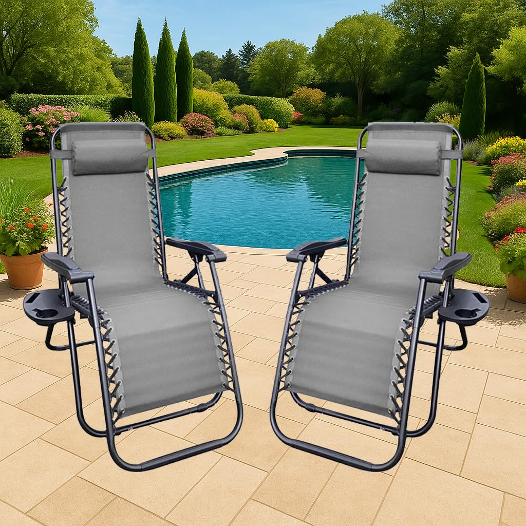 XEO HOME Sunloungers Zero Gravity Chair with Cup Holder, Folding Recliner Outdoor Patio Sun Loungers furniture set, Deck Chairs, Ideal for Pool, Outdoor Beach and Garden, Terrace (Grey)