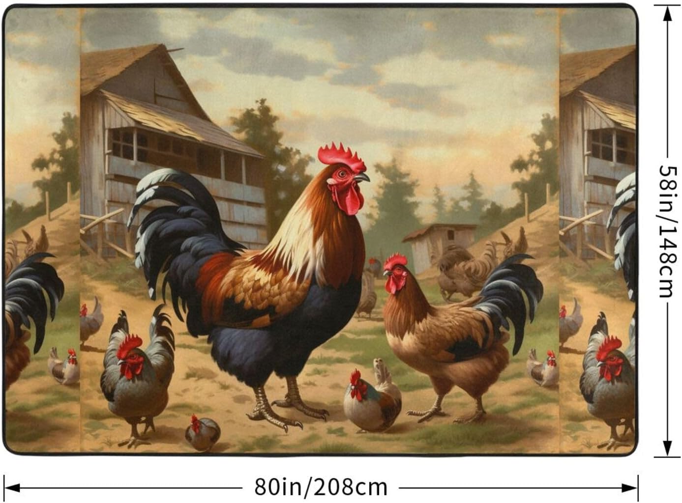Flannel Non-Slip (Farm Print Chicken and Rooster) Rug Pad 80×50in Soft Washable Protective for Hardwood Floors Bedroom Bathroom Living Room