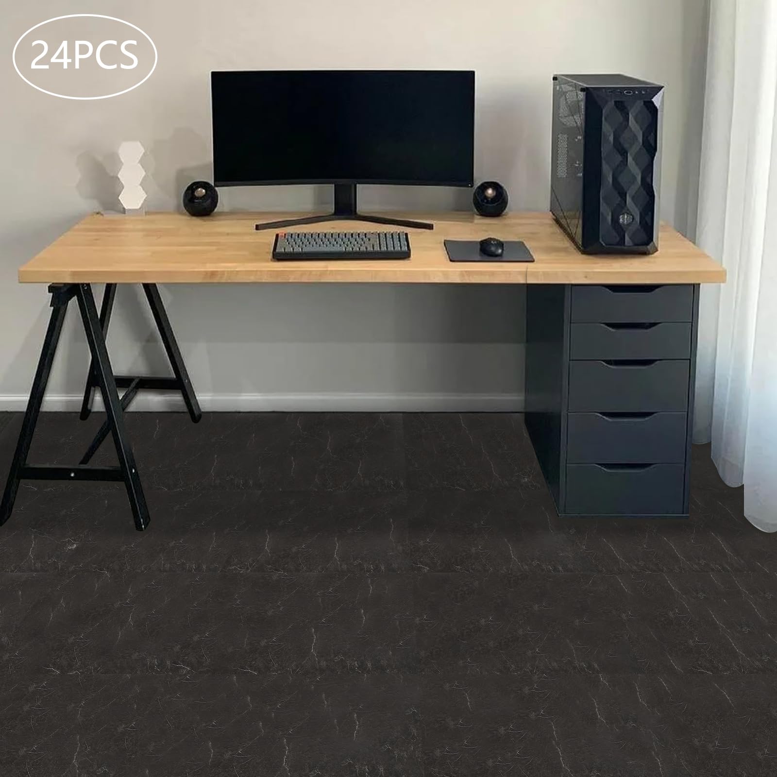 Baldosas autoadhesivas de PVC, 24 unidades (60 x 30 cm), 1,3 mm de grosor (aproximadamente 4,32 ㎡ de superficie de cubierta), color negro, grano de piedra, impermeable, moderno, para cocina y baño