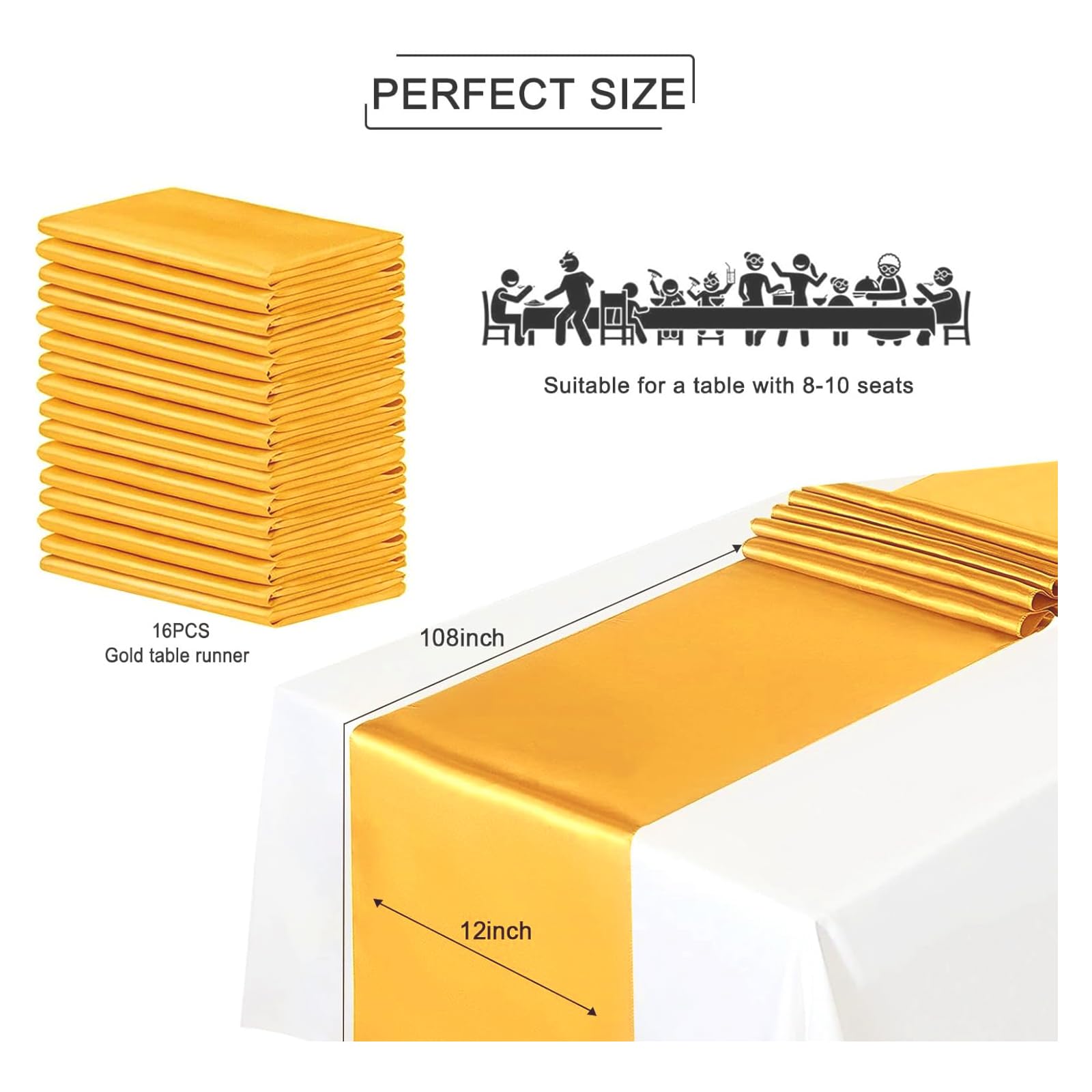 16 Stück Gold Satin Tischläufer 30,5 x 274,4 cm lang Premium Tischläufer für Hochzeit Geburtstag Party Bankett Events Dekoration