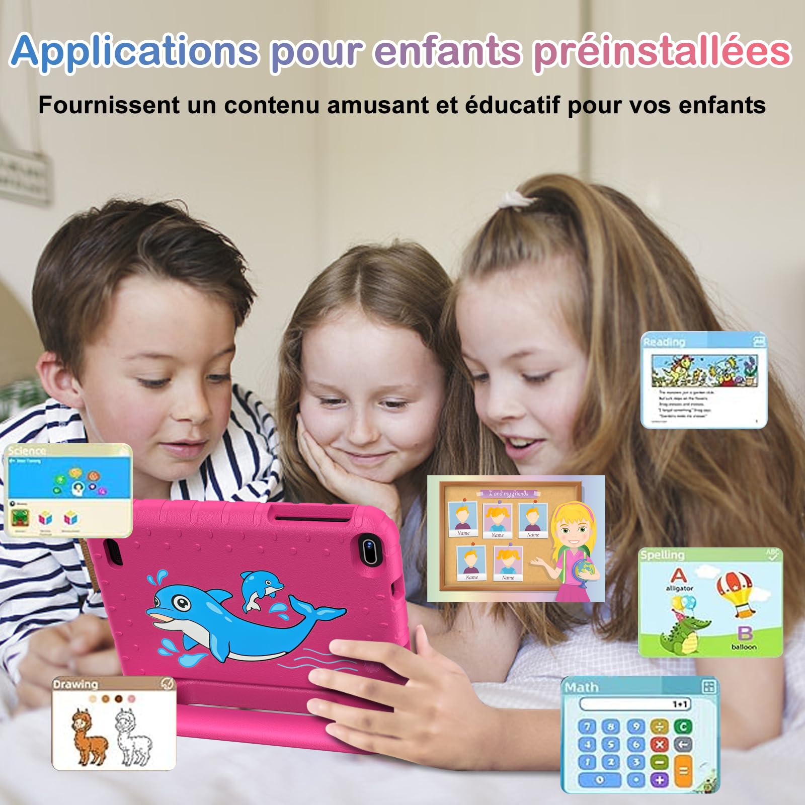 Tablette pour 7 Pouces Android Tablette Enfants avec 10GB+64GB(TF 1TB),Kids Tablette Tactile Octa-Core,Éducative Apps Pré-Installé,Contrôle Parental, WiFi 6, BT5.0,Cas EVA - Pink