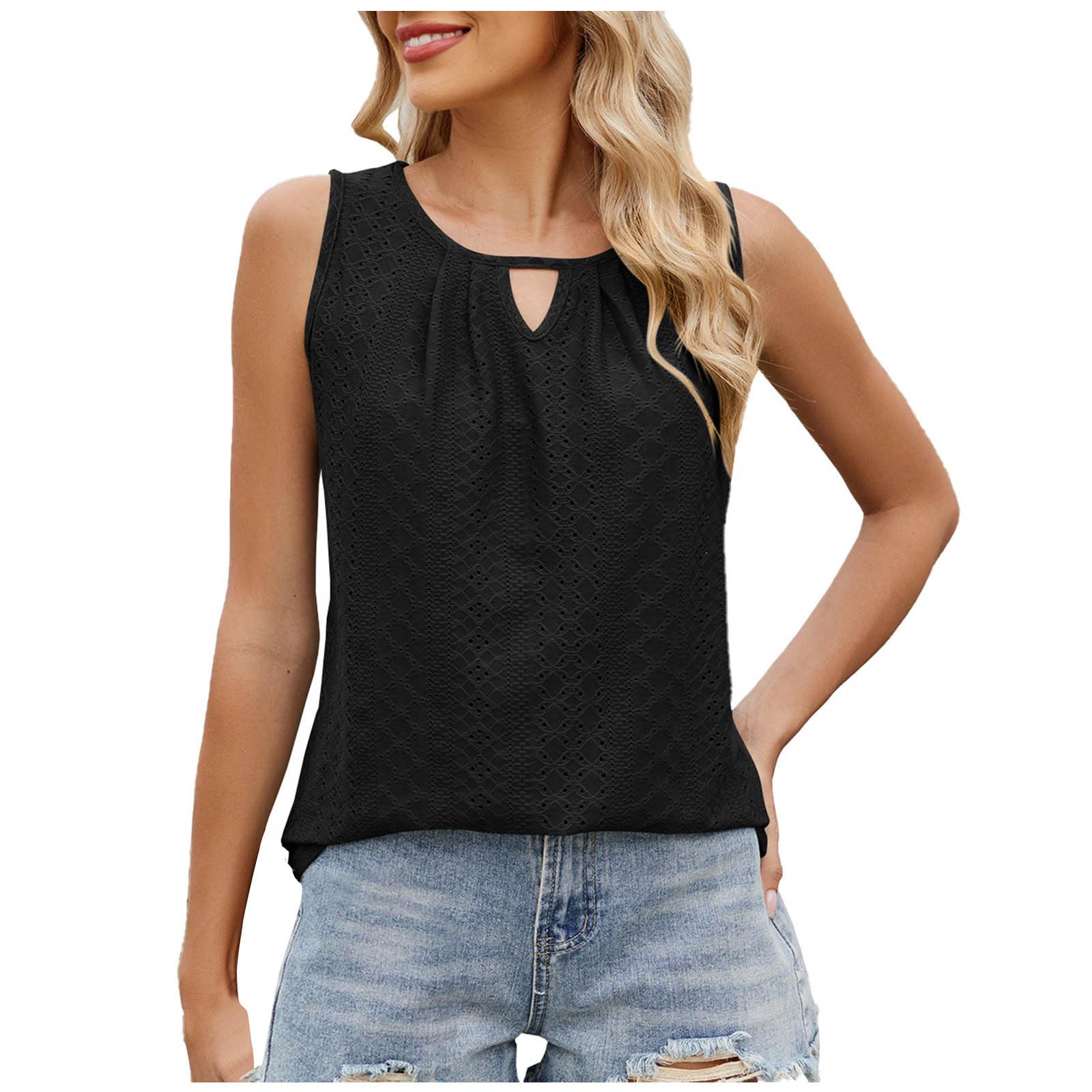 Women Sleeveless Work Shirt Eyelet Embroidery Summer Tank Top Business Casual Outfits 2025 Basic Loose Dressy Blouse