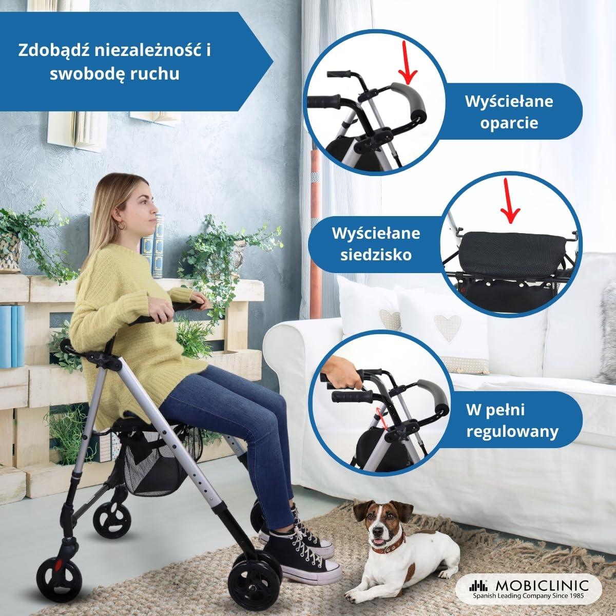 Podpórka czterokołowa | aluminium | Siedzisko i oparcie | ciśnienie hamowania | 4 koła | Premium | Dehesa | Mobiclinic