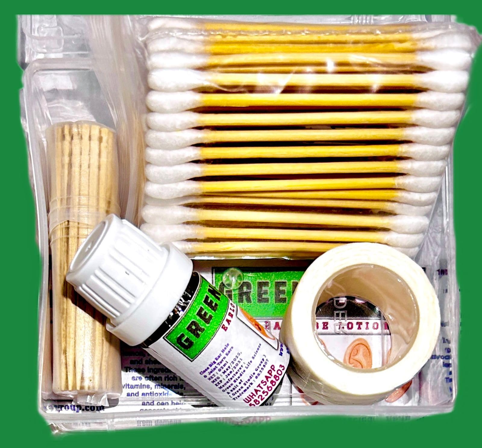 Green Studio Earlobe Lotion Full Kit with Earbuds Surgcal tape Toothpick and storage box-image-17
