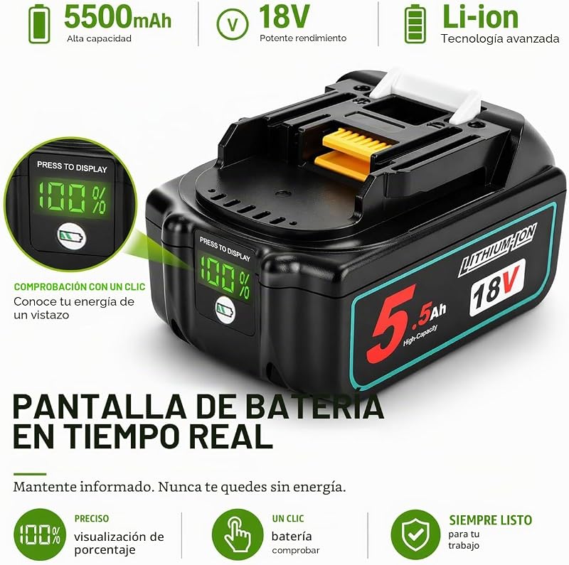 Acumulator de schimb Waitley pentru Makita 2x18V 5.5Ah Li-ion cu afișaj LED BL1830 BL1840 BL1840B BL1850 BL1860 BL1860B 194204-5 LXT-400
