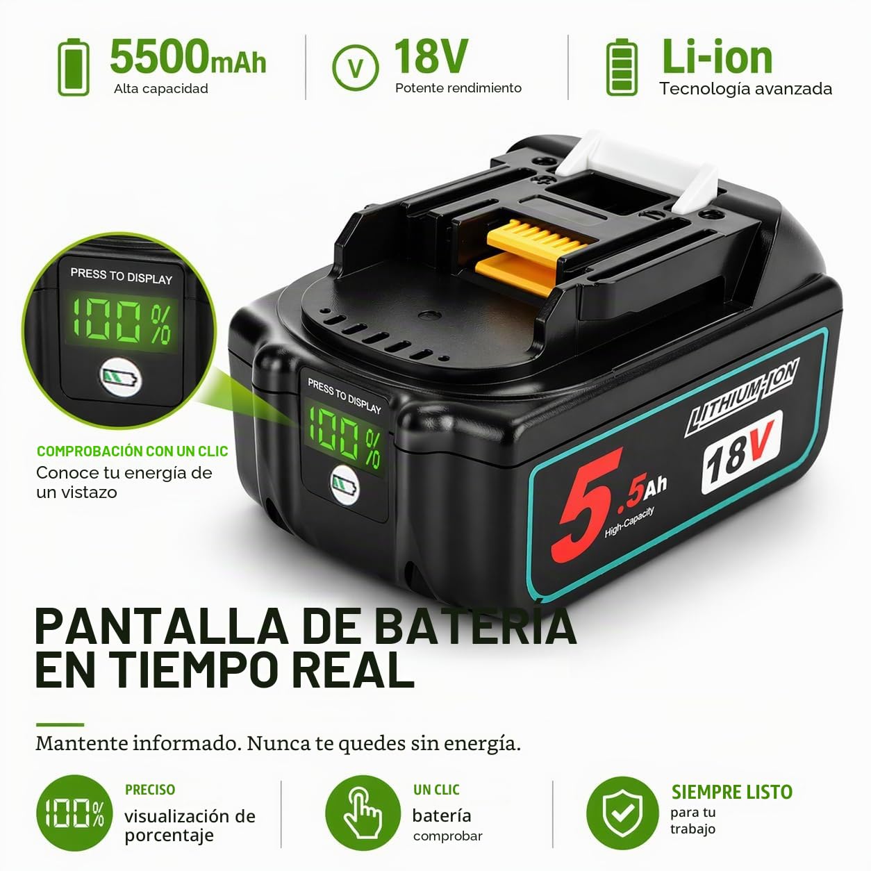 Batería de repuesto para Makita (2 unidades, 18 V, 5,5 Ah, iones de litio, compatible con BL1830 BL1840 BL1840B BL1850 BL1860 BL1860B 194204-5 LXT-400 con indicador LED)