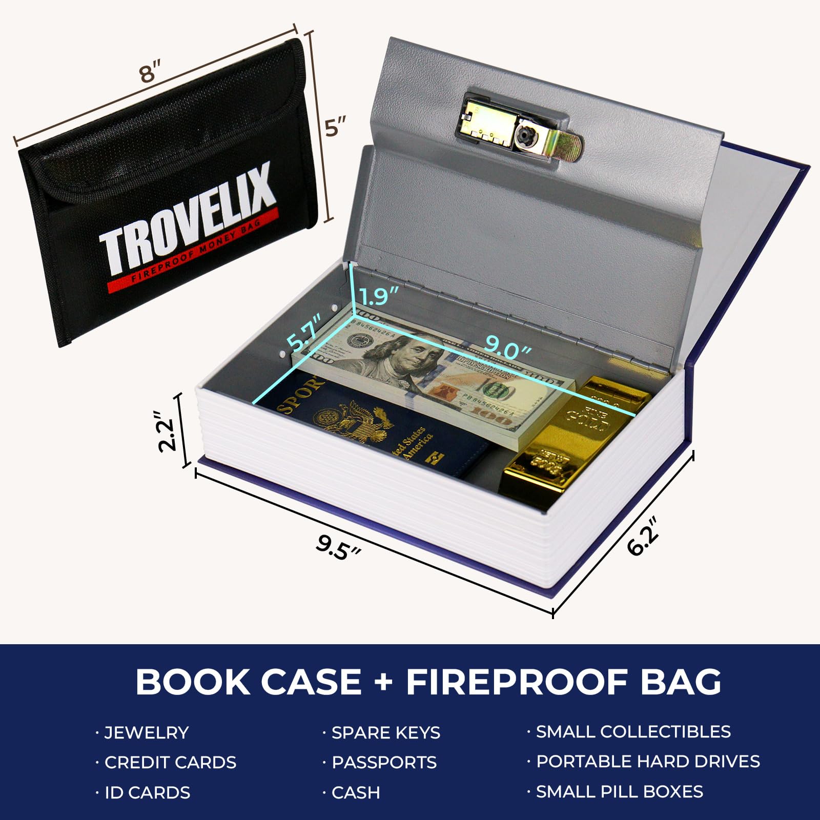 Coffre-fort à Livre Avec Serrure à Combinaison, Coffre-fort Caché (24,1 X 15,7 X 5,6 Cm) Avec Sac Ignifuge, Coffre-fort Pour Dérivation Secrète, Boîte à Livres Creuse, Boîte De Rangement Cachée Pour