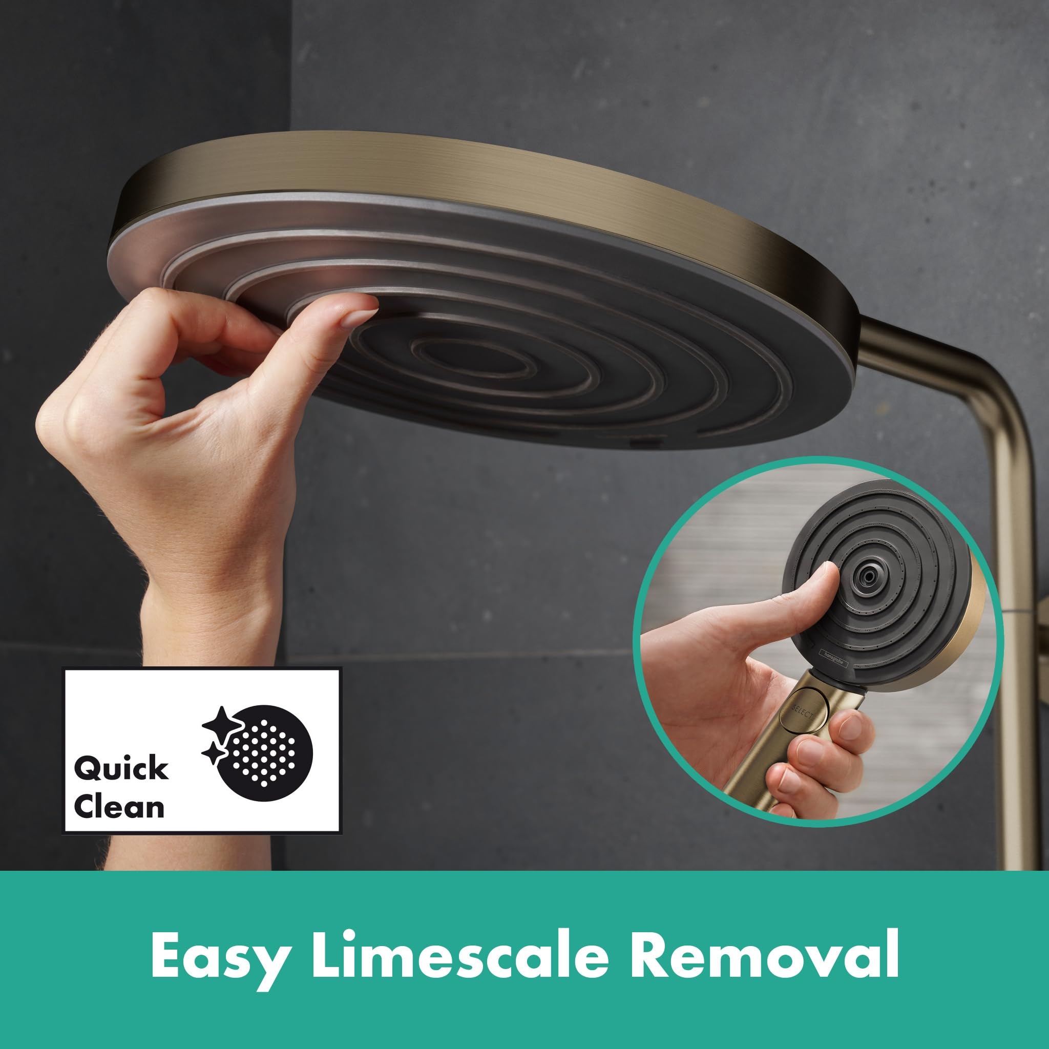 hansgrohe Pulsify S Puro - sistema de ducha ahorro de agua (EcoSmart) con termostato, ducha lluvia (260mm) con grifo, ducha de mano, flexo ducha, barra y ducha fija redonda, bronce cepillado, 24237140