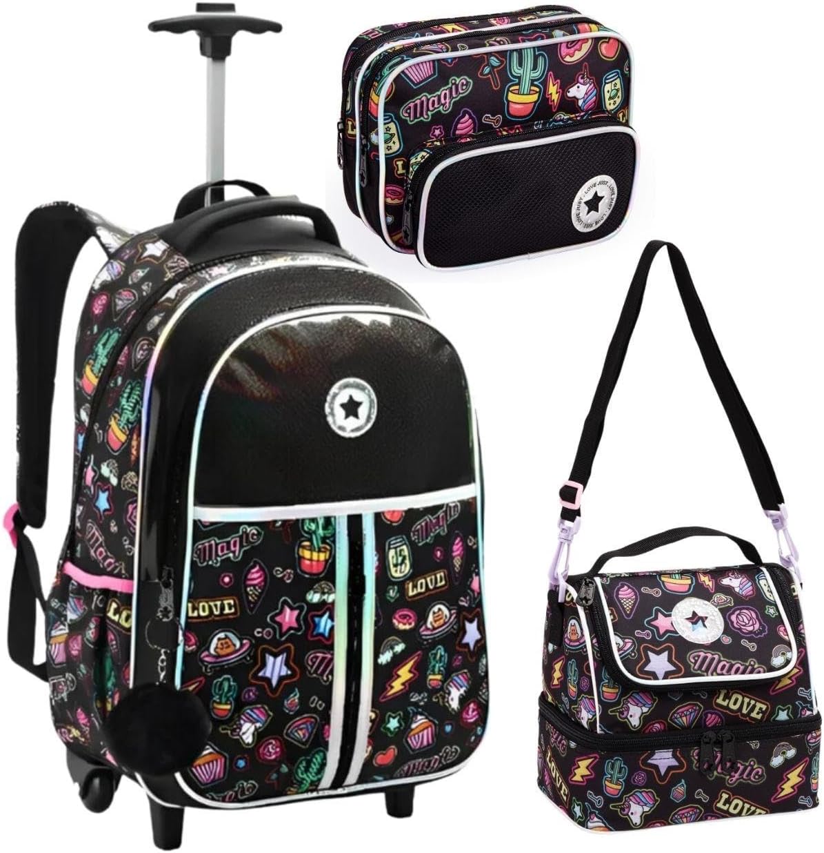 Kit Material Escolar Juvenil, Mochila de Rodinhas + Lancheira Térmica Transversal + Estojo com Compartimento, Menina, Estampado