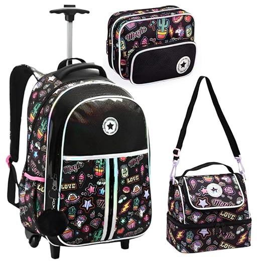 Kit Material Escolar Juvenil, Mochila de Rodinhas + Lancheira Térmica Transversal + Estojo com Compartimento, Menina, Estampado