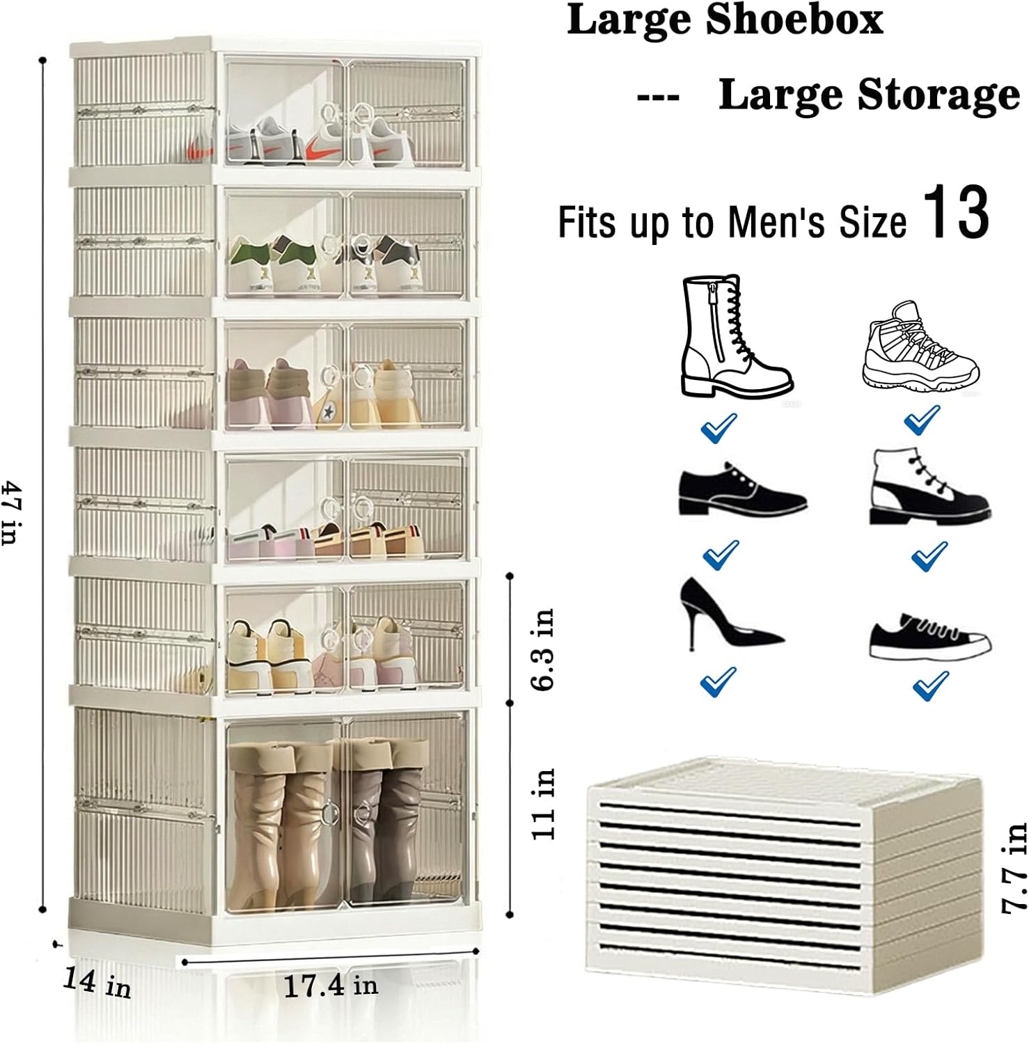 Foldable Shoe Storage Cabinet with Clear Magnetic Doors, 6-Tier No-Assembly Shoe Rack Organizer, Stackable Large Capacity Shoe Box for Entryway, Closet, Fits Boots & Sneakers, (Transparent)
