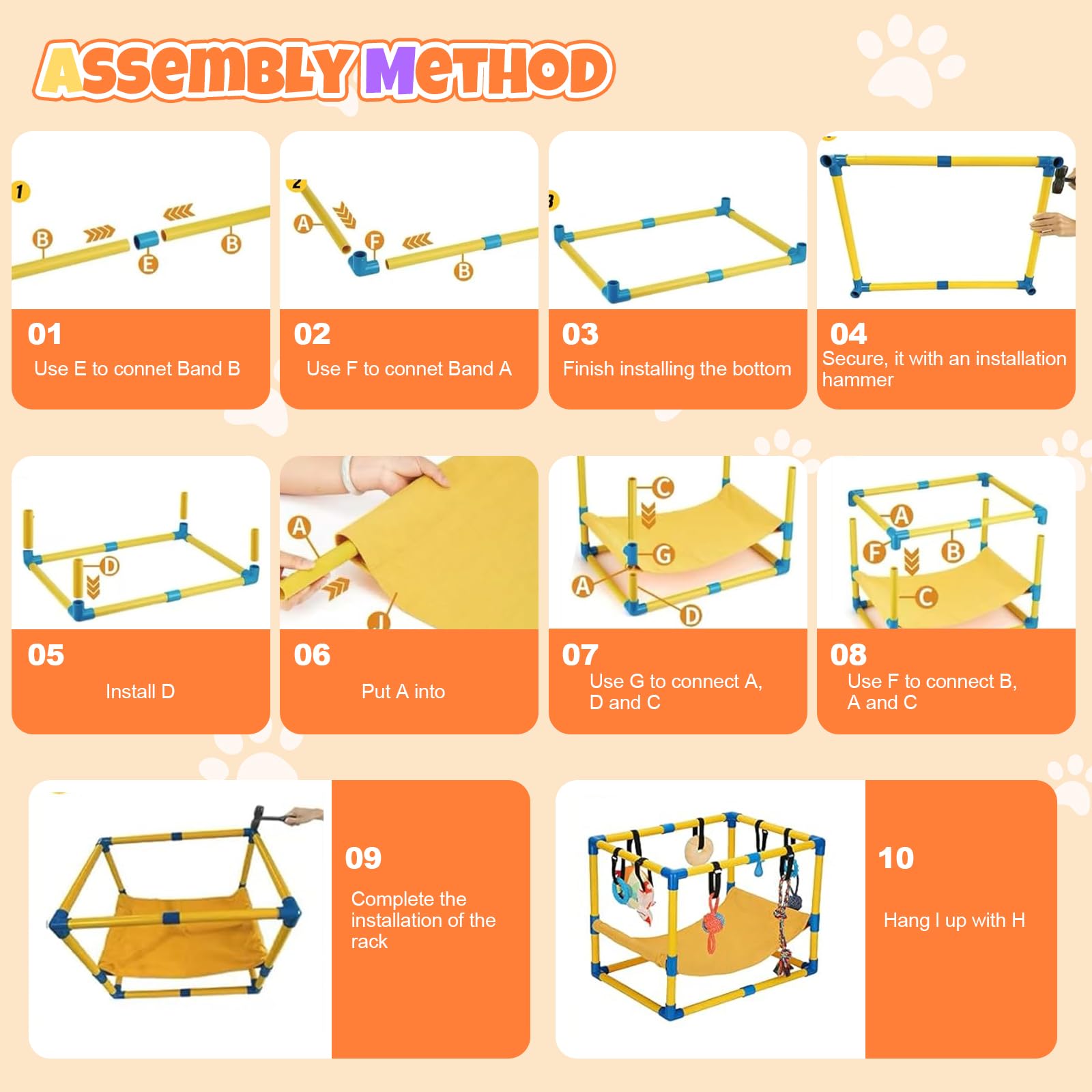 Welpenspielstudio mit 8 hängenden Spielzeugen, 60 x 40 x 40 cm für den Innenbereich | Play Gym Interaktives Hundetrainer mit Hängematte und Isomatte, PVC-Rahmen, Welpen-Fitnesscenter für Welpen