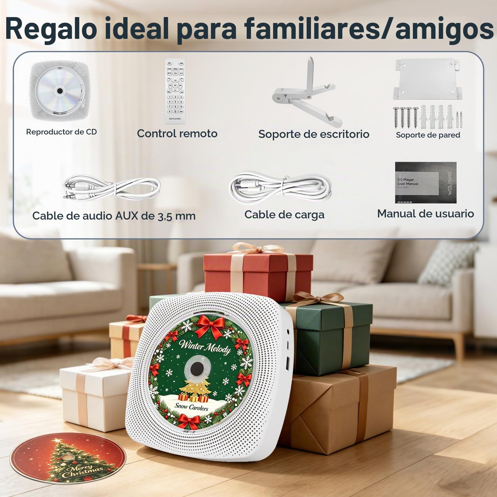 WOLFANG Reproductor de CD portátil Bluetooth para casa y Exterior, con Altavoces, batería Recargable 4000 mAh, Radio FM, USB, Mando a Distancia, Montaje en Pared y Soporte de Mesa