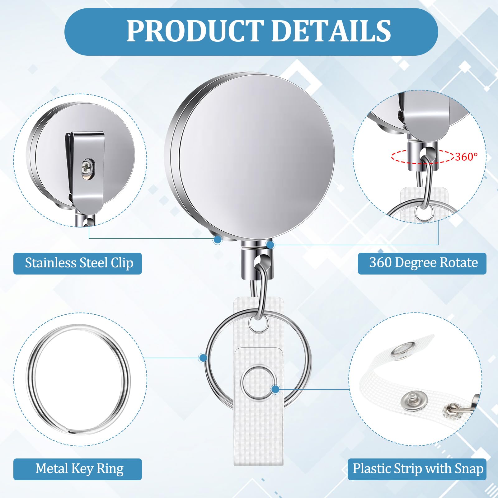 Leelosp 50 Stück robuste, einziehbare Ausweishalter, Spule, Metall, Ausweishalter mit Gürtelclip, Schlüsselanhänger, einziehbarer Clip, Großkarte für Arbeit, Mitarbeiter, Arzt, Krankenschwester