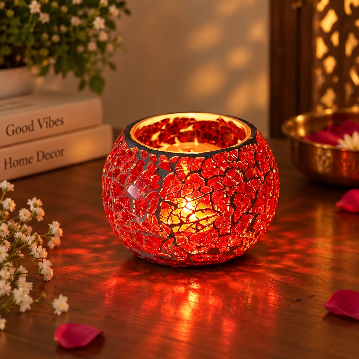 Red Mosaic Glass Tea Light Holder - Diwali Decor -1