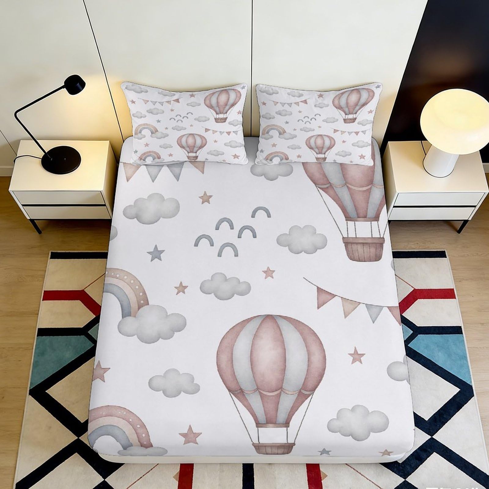 Pnayamiorkfel Style-3 3D Printed Hot Air Balloon Fitted Sheet Microfiber Clouds Rainbow Bed Cover For Bedroom Guest Room Dorm Mattress Protection 90X200x25cm