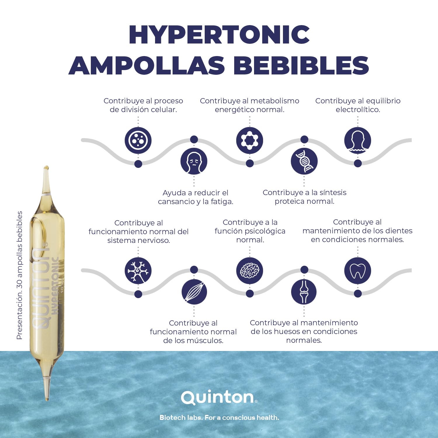 Quinton Hypertonic - 30 Ampollas de 10 ml de Agua de Mar Hipertónica - 100% Natural, Con Magnesio y Micronutrientes - Eau de Quinton