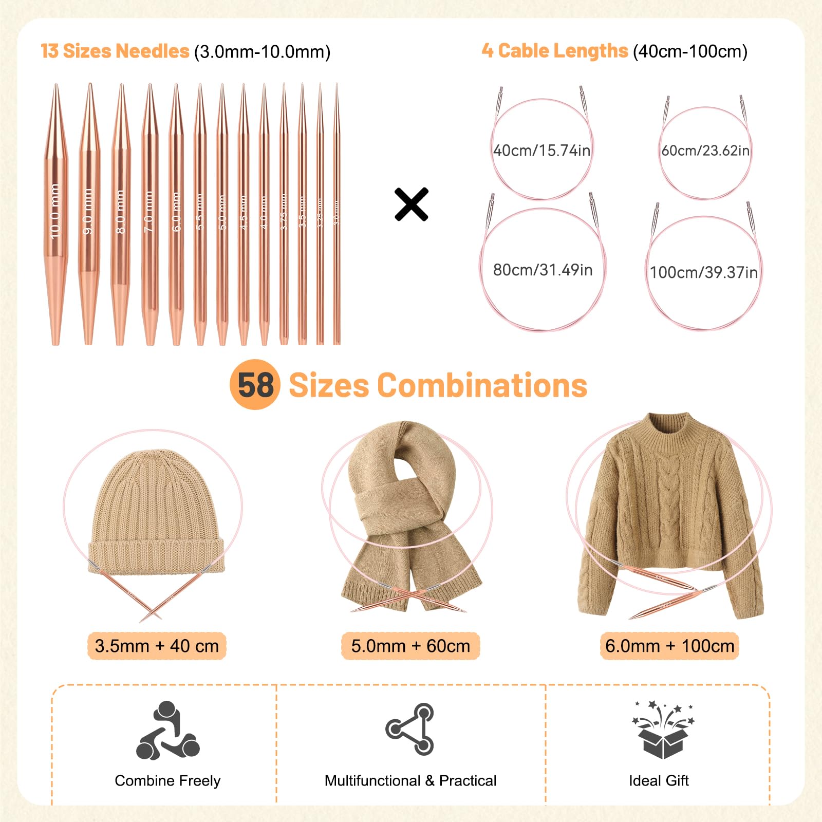 Aeelike Austauschbares Stricknadel-Set, 13 Paar Aluminium-Rundstricknadeln (3,0 mm - 10,0 mm) mit 4 flexiblen Kordeln für Spitzensocken und sperrige Projekte, Reise-Weberei, Geschenk-Set