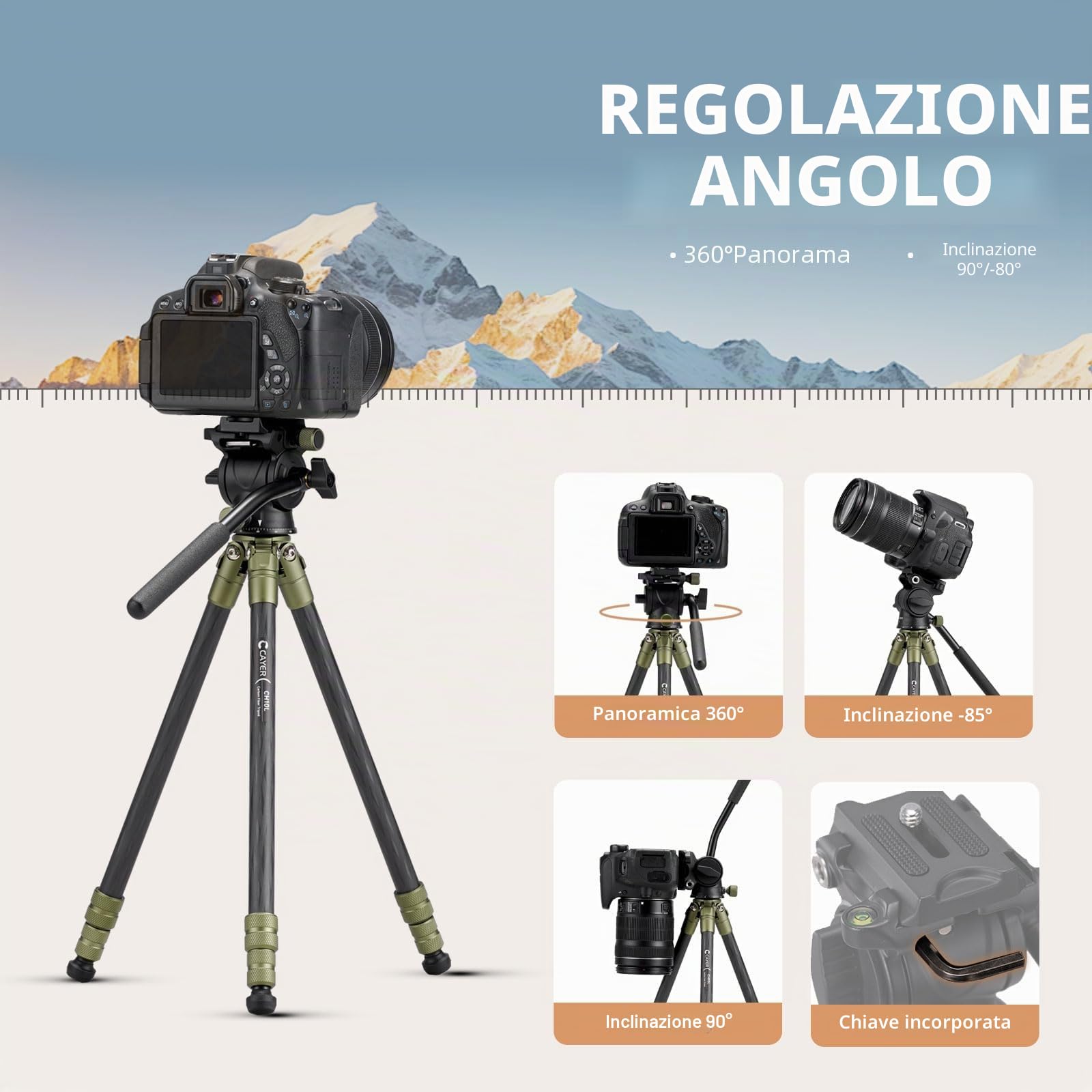 Cayer CH10L Treppiede in fibra di carbonio con mini testa fluida S1, treppiede da tavolo compatto da 28", fotocamere mirrorless, videocamera, webcam per telefono cellulare