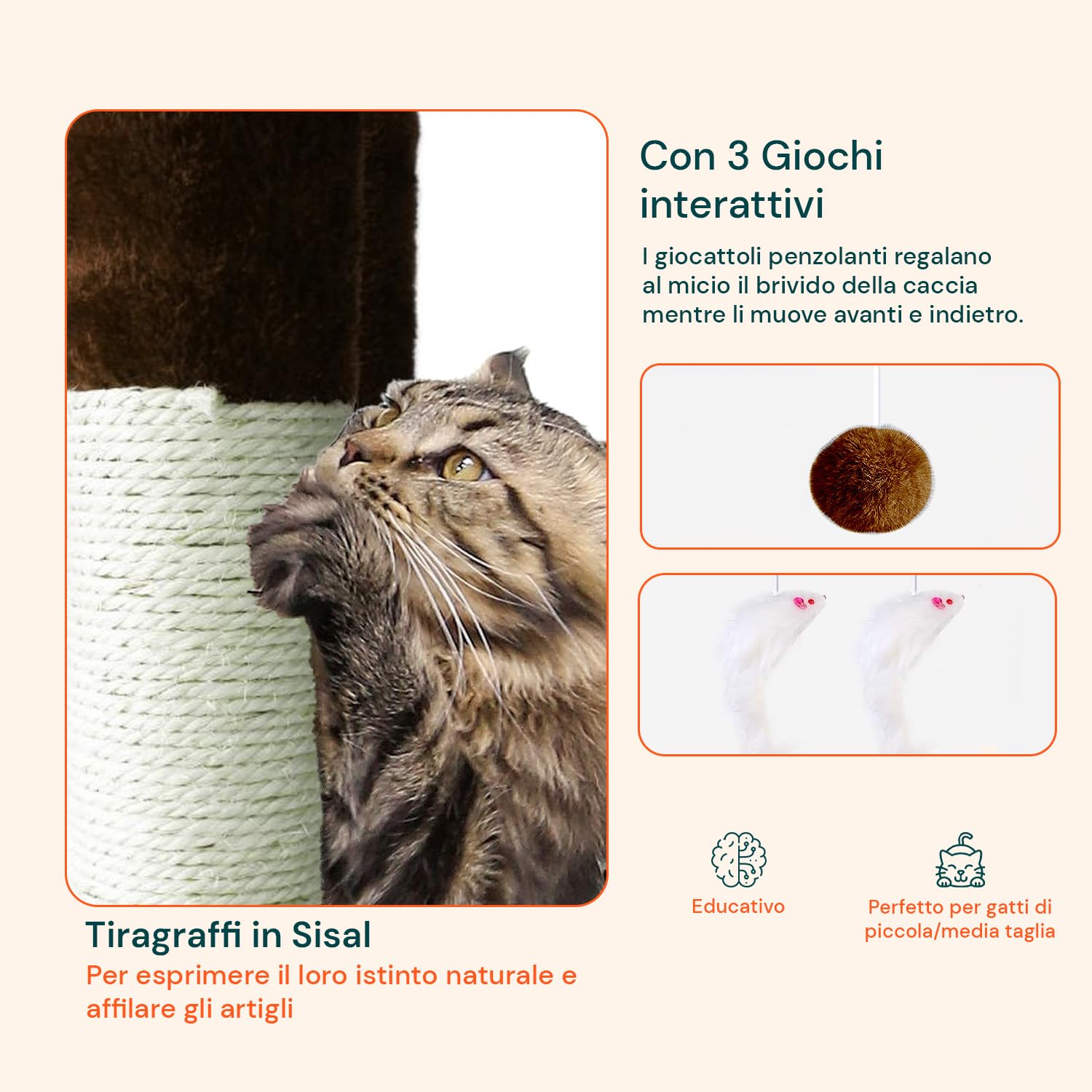 Tiragraffi XXL 170cm con Doppia Cuccia per Gatti Adulti, Albero Giochi in Sisal e Peluche, Piatteforme Relax, Ampio e Sicuro per il Massimo Divertimento dei Gatti Marrone