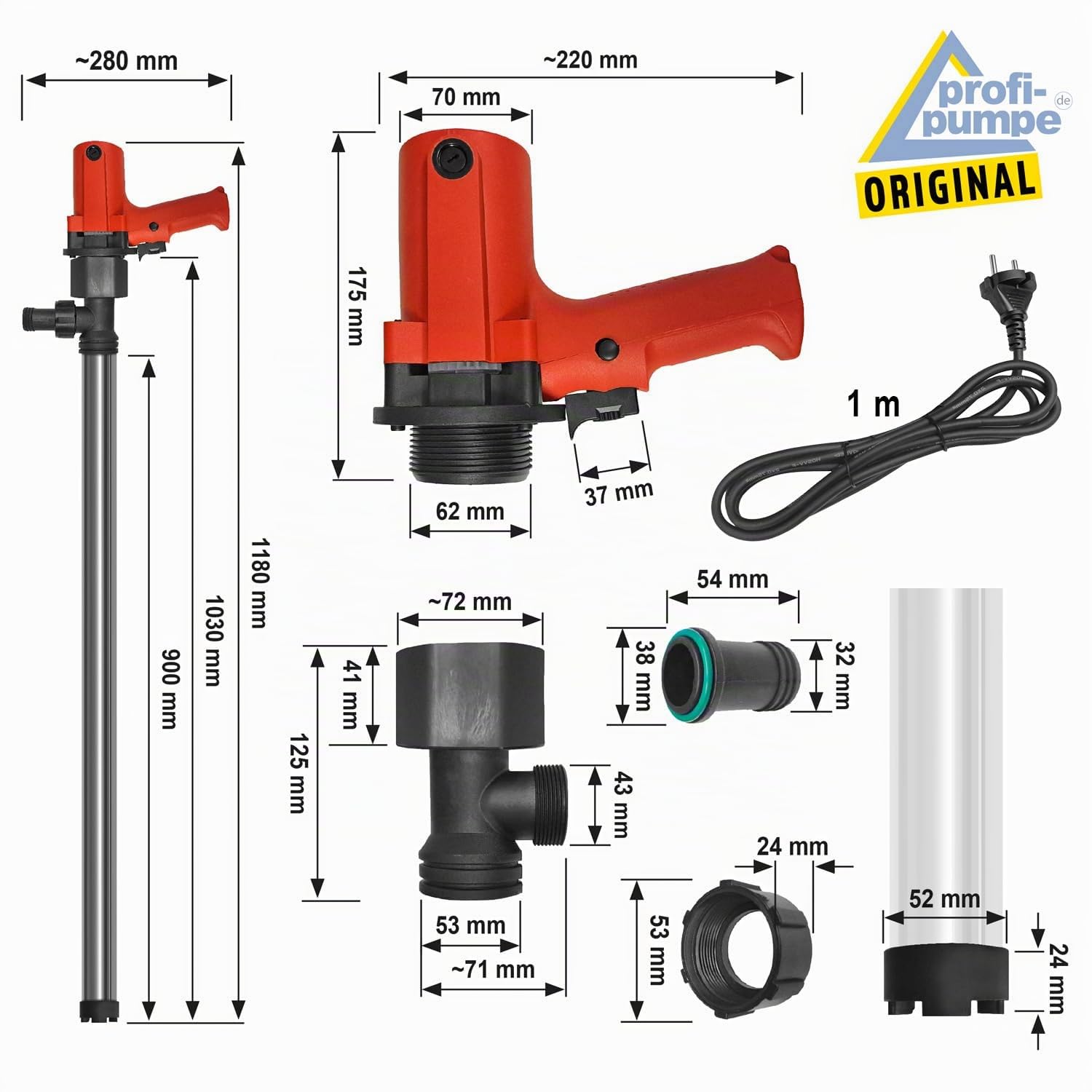 AMUR Diesel Fasspumpe Biodiesel DIESELPUMPE HEIZÖLPUMPE DIESELPUMPE SELBSTSAUGEND / 1 STK. Tülle und Schelle, ABSAUGPUMPE UMFÜLLPUMPE ELEKTRISCH FASSPUMPE für Diesel und HEIZÖ (230V)