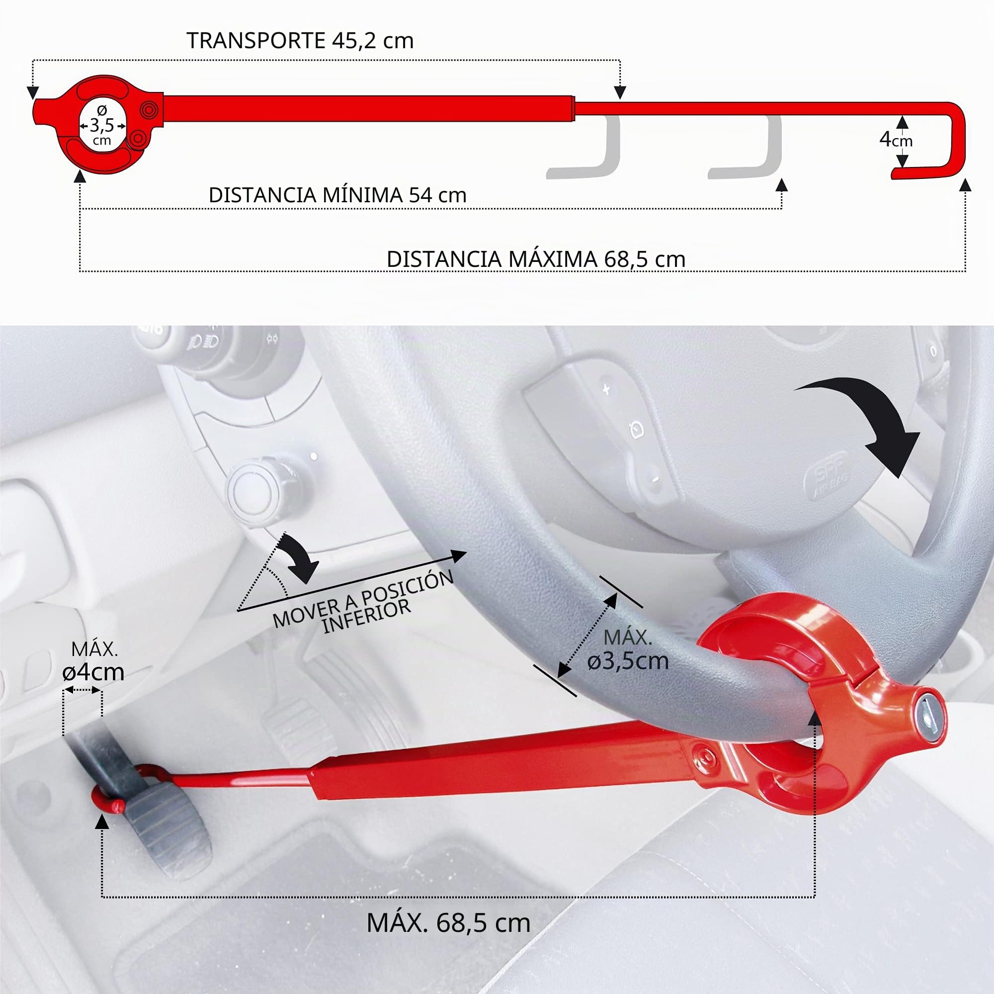 571/B Barra Antirrobo Coche Volante Pedal Original, Rojo Visible Más Disuasorio, Cierre Seguridad Basculante, Bloqueo Inmovilizador Antirobo Freno Embrague para Auto, Furgoneta, Caravana