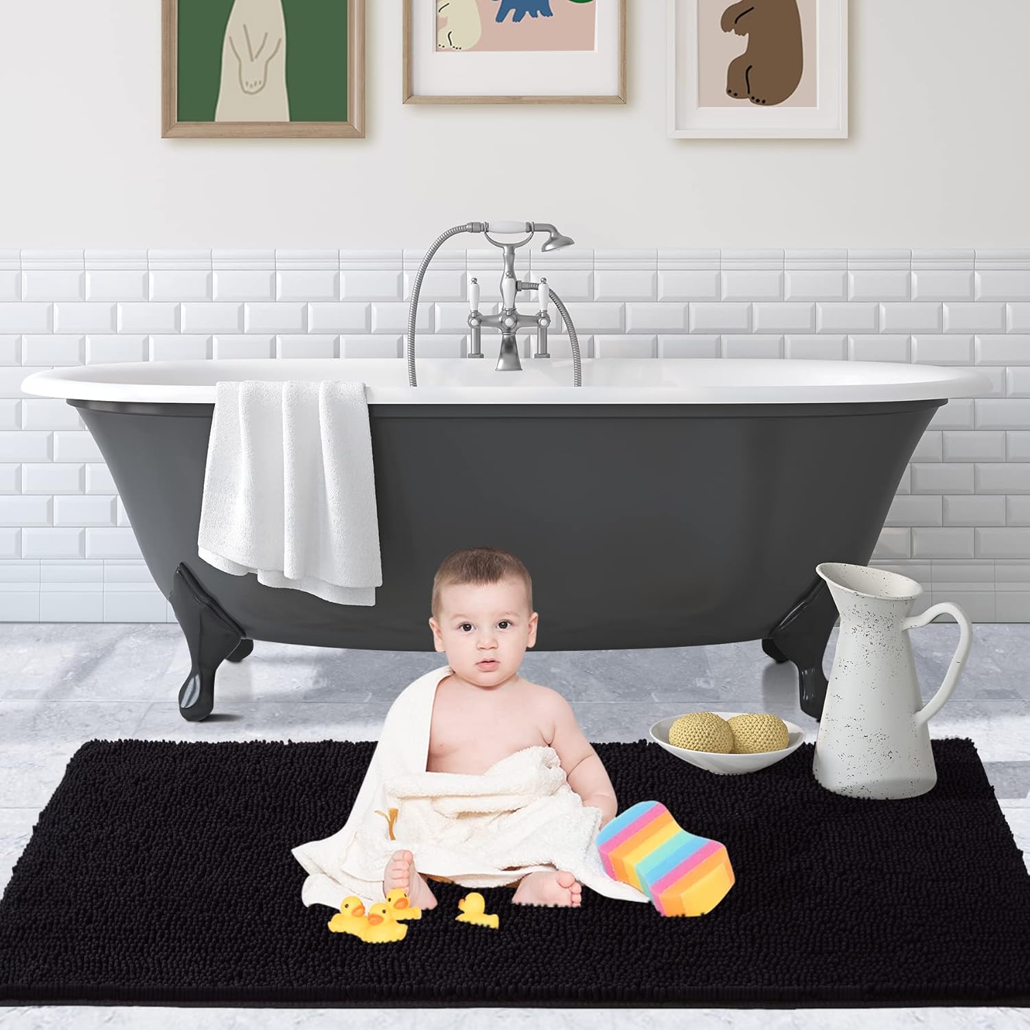 Noahas Bath Rugs 24'' x 60'' Large Runner Bathroom Rug, Soft Luxury Chenille Bathroom Mats with Non-Slip Backing, Throw Absorbent Carpet for Bath Tub/Shower, Machine Washable Durable Rug, Black