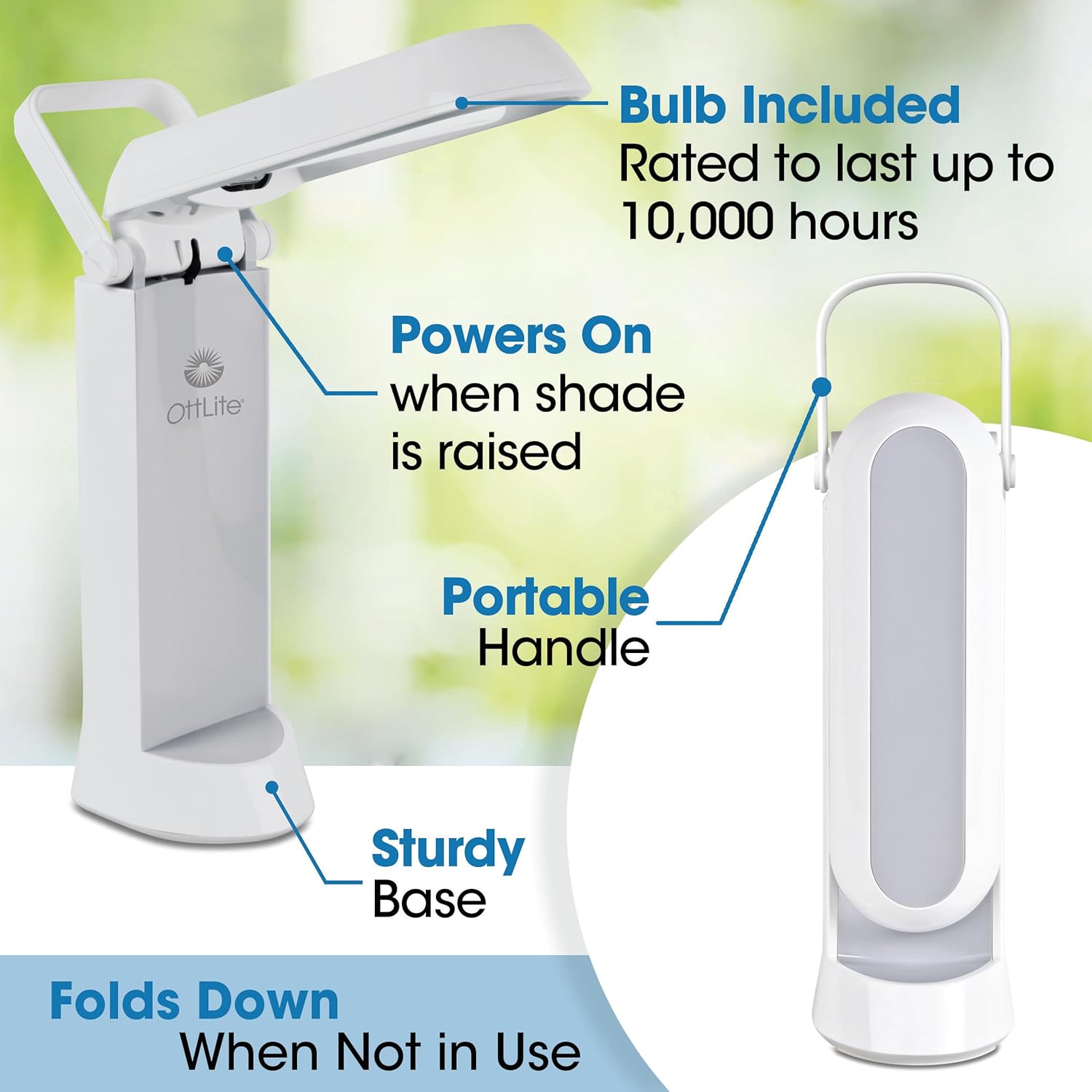 Annotated image showing lamp features: Bulb Included, Powers On when shade is raised, Portable Handle, Sturdy Base, Folds Down When Not in Use.