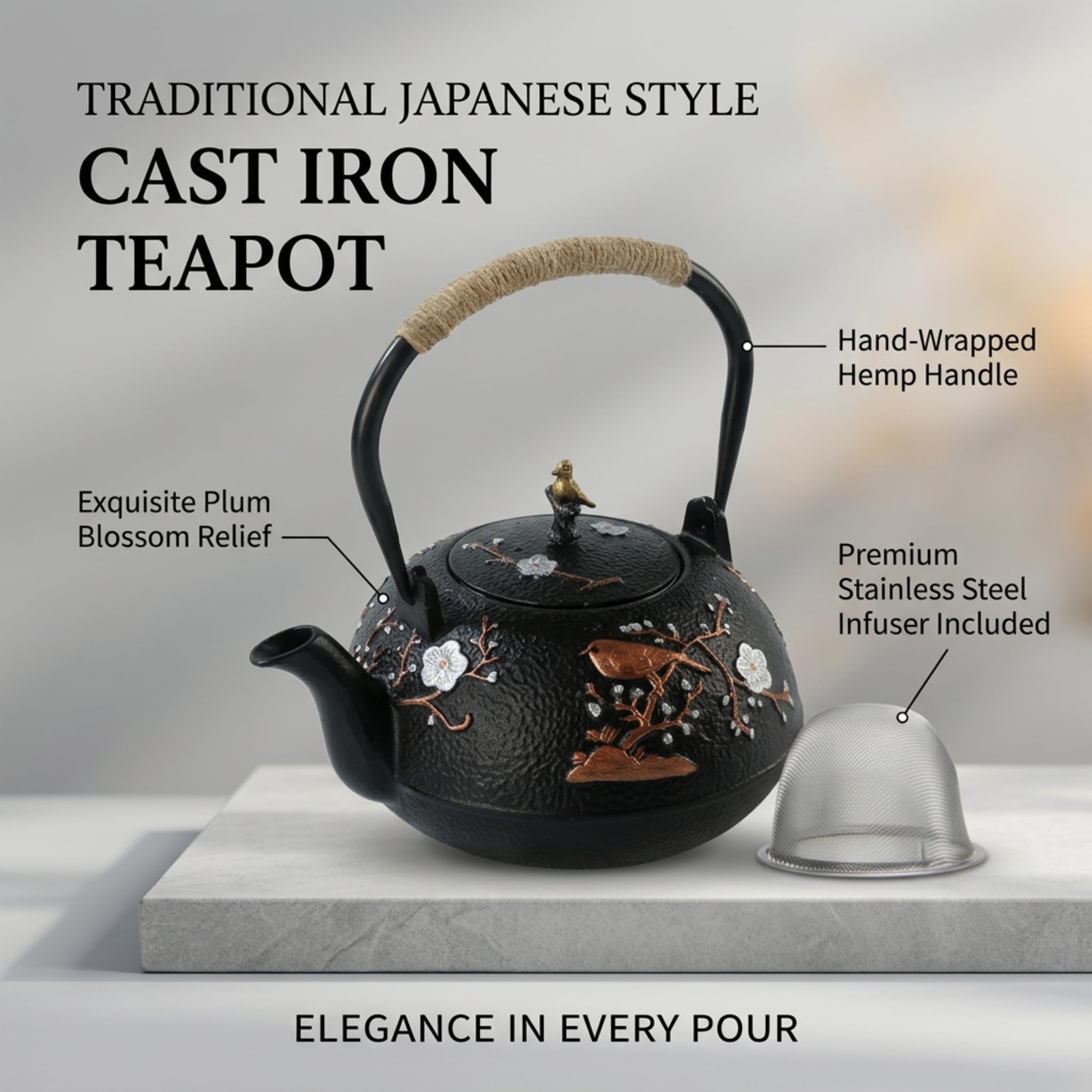Teekanne aus Gusseisen, japanischer Stil, Tetubin, Teekessel mit herausnehmbarem Edelstahl-Ei für Herdplatte, Teekanne aus Emaille, blaues Eisen, für Kaffee, Teebeutel, Pflaumenblüten, 1200 ml
