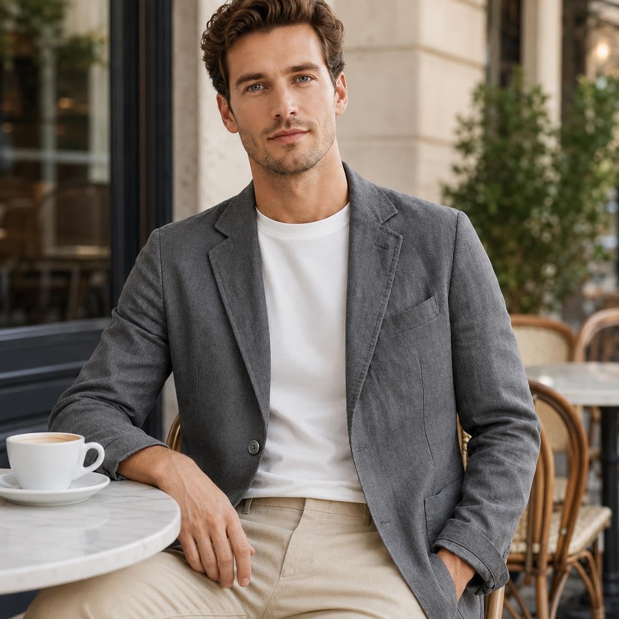 Blazer De Lino para Hombre Traje De Lino De Corte Relajado con Solapa De Muesca Y Bolsillos De Parche Blazer Ligero Lavable De Dos Botones Elegante Informal Ideal para Primavera Verano Oficina Y Via