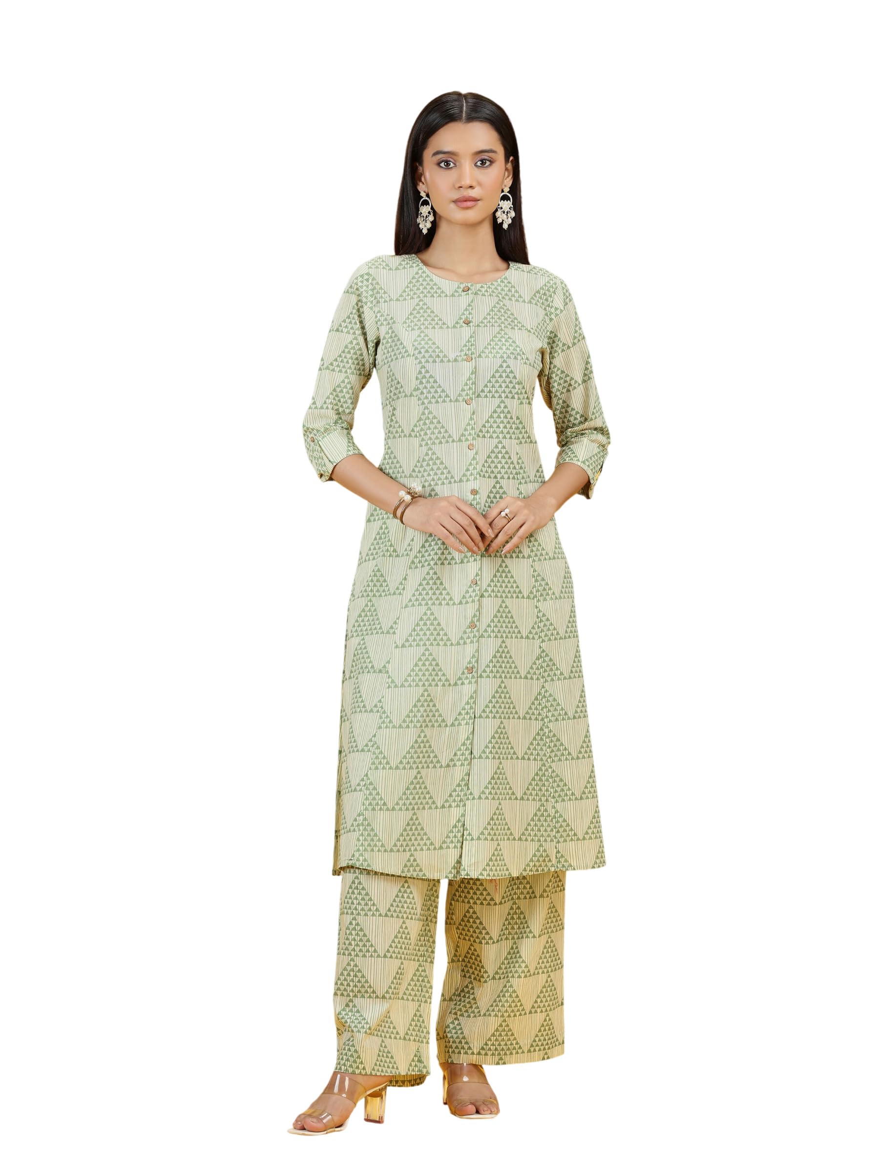 Off White & Green Geometric Printed Cotton Kurta Pant Co-ord Set-image-33