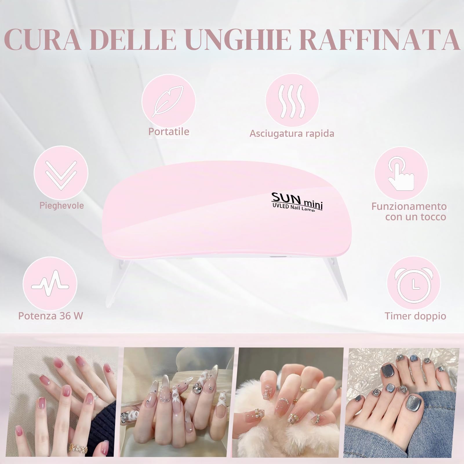 Pavlleen Mini Lampada UV LED per Unghie, Asciuga Unghie con Cavo USB, Petit Asciuga Gel Portatile Pieghevole con Timer da 60 e 120 Secondi per Salone per Unghie, Casa, Viaggi (Rosa)