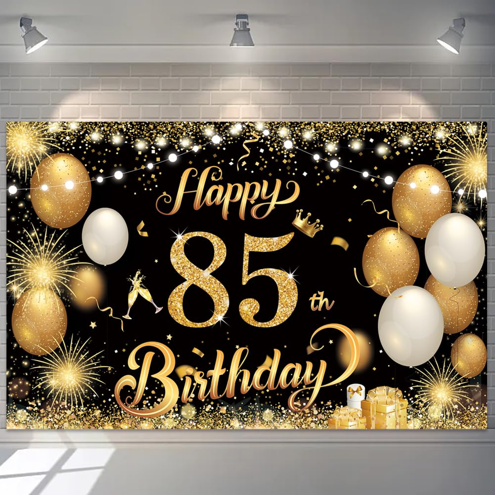 Happy 85th Birthday Banner Gold 1.1 x 1.8m Happy Birthday Banner Backdrop 85th birthday decorations for Women Men, 85 Years Old Anniversary Party Supplies (Black Gold)