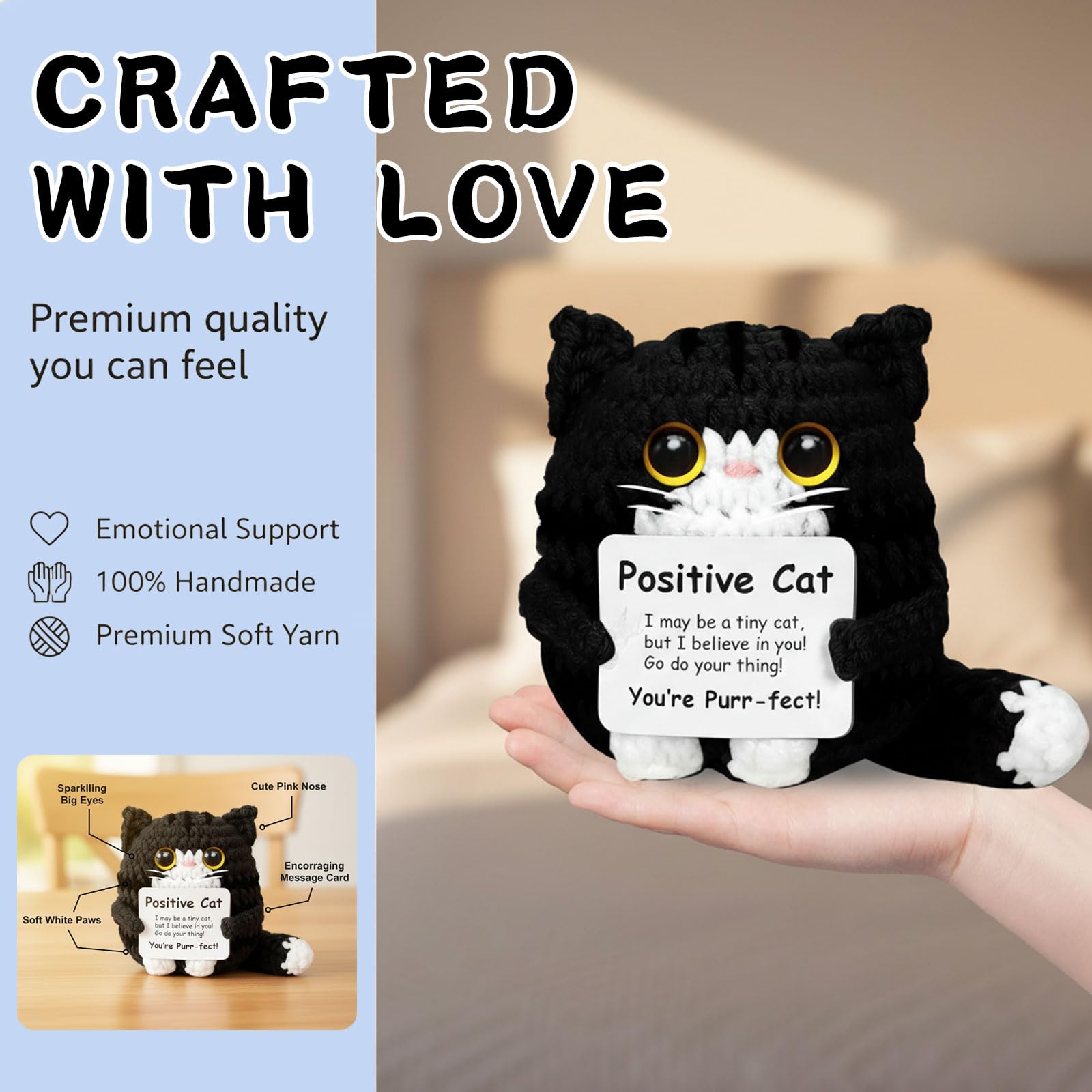 Positiva Gatto all'Uncinetto Portafortuna Fatto a Mano Confezione Regalo Nera