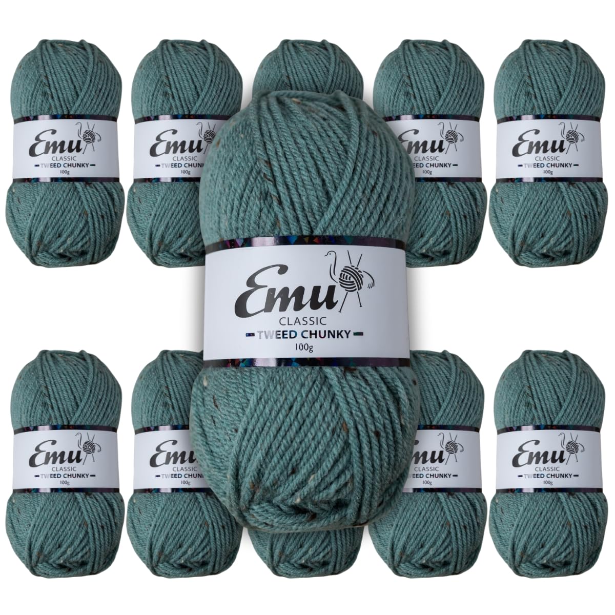 Emu Classic Tweed Chunky Acrylic Blend Yarn 100g Balls 150m, Pack of 10, Moss - 007