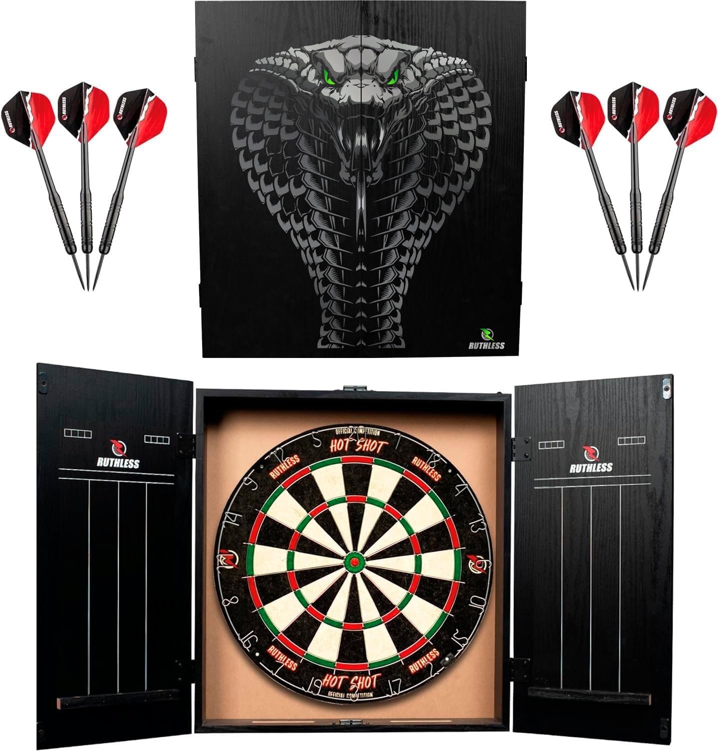 Ruthless Home Darts Centre | Complete Home Dart Board Centre Including Cabinet, Dartboard and 2 Sets of Darts (Cobra)