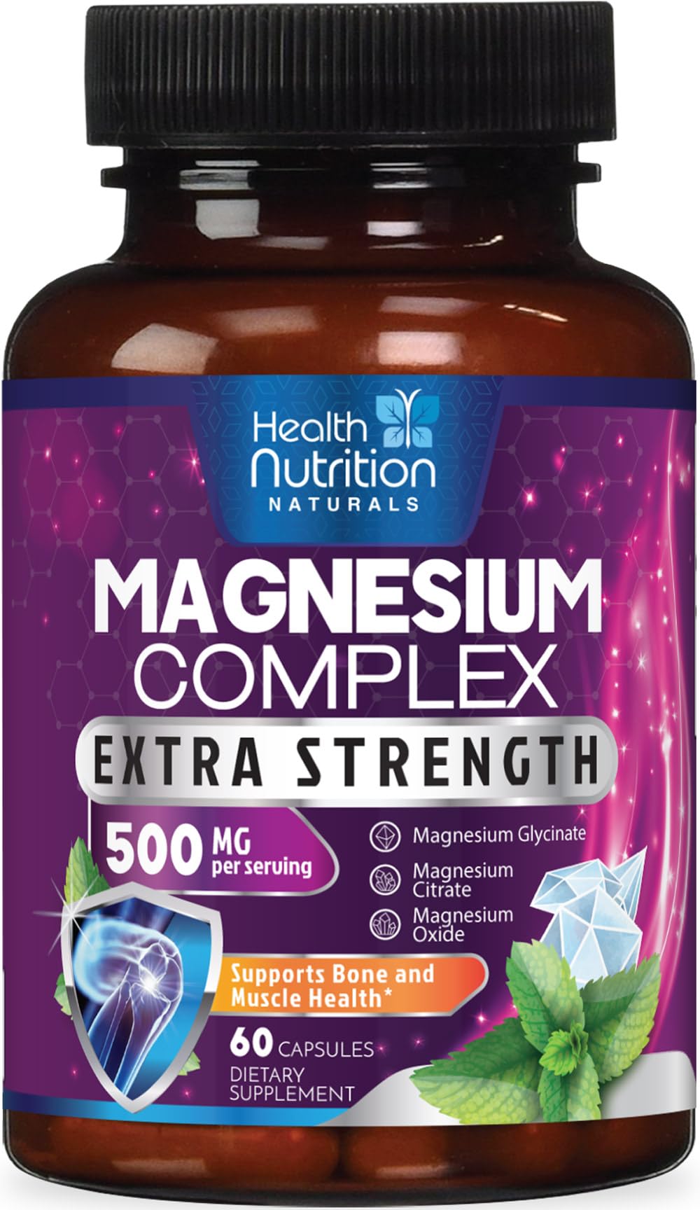 Magnesium Complex 500mg Supplement - Max Absorption Magnesium Powder Capsules for Muscle, Nerve, Bone and Heart Health Support, High Absorption Citrate Complex, Gluten Free, USA Bottled - 60 Capsules 60 Count (Pack of 1)