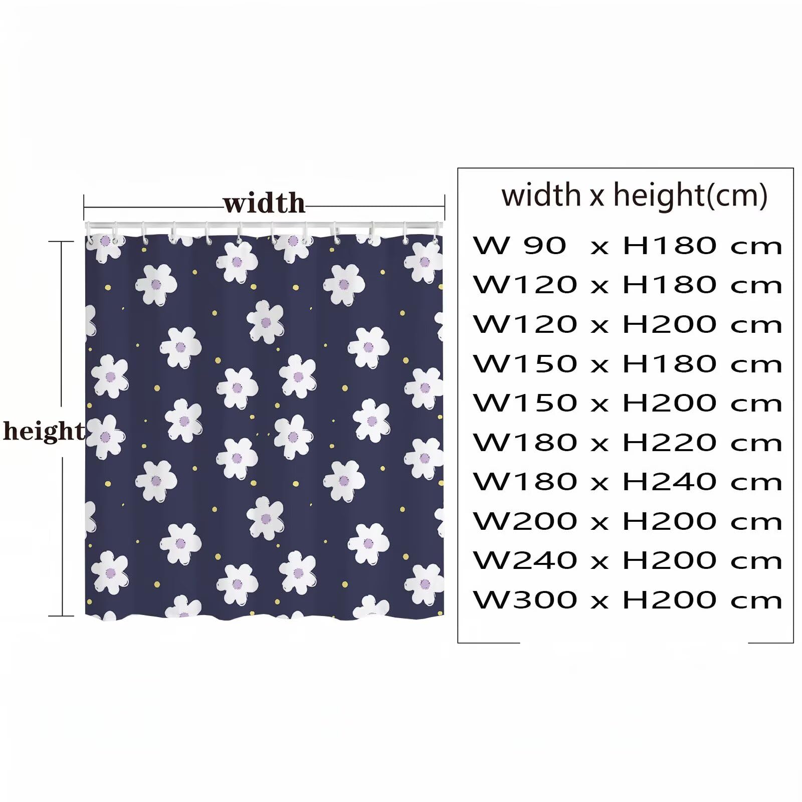 Semplice Simple Margarita Cortina de Ducha 300 x 200 cm Impermeable Repelente al Agua para Bañera y Baño, Cortina de Tela Poliéster Gruesa con Bajo Lastrado, Lavable a Máquina, con Anillas, Q-o497