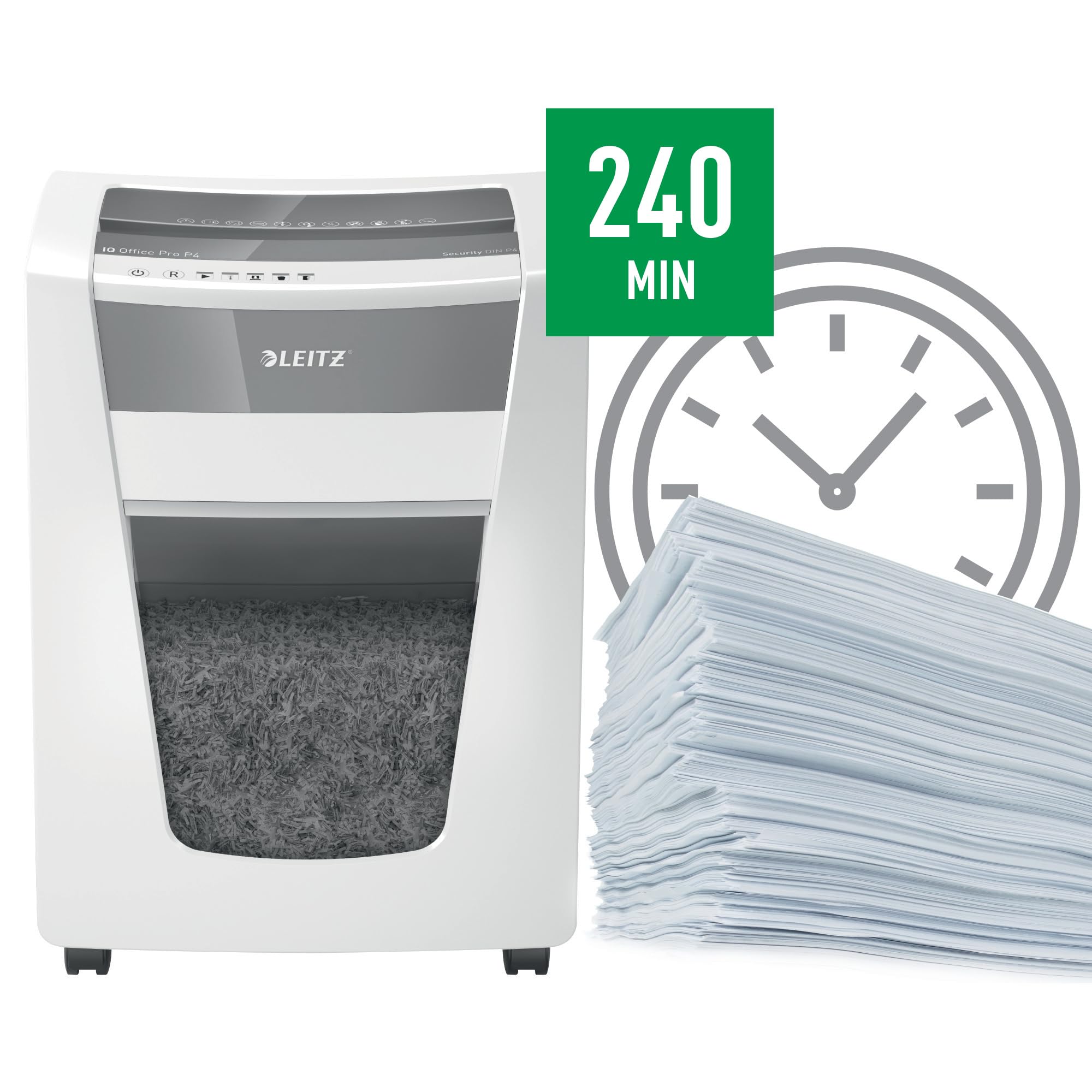 Leitz IQ Distruggidocumenti Office Pro P4, 20 fogli A4, Taglio a frammento, Capacità 30 litri, Tecnologia anti-inceppamento, Tecnologia Touch-Control, 80060000