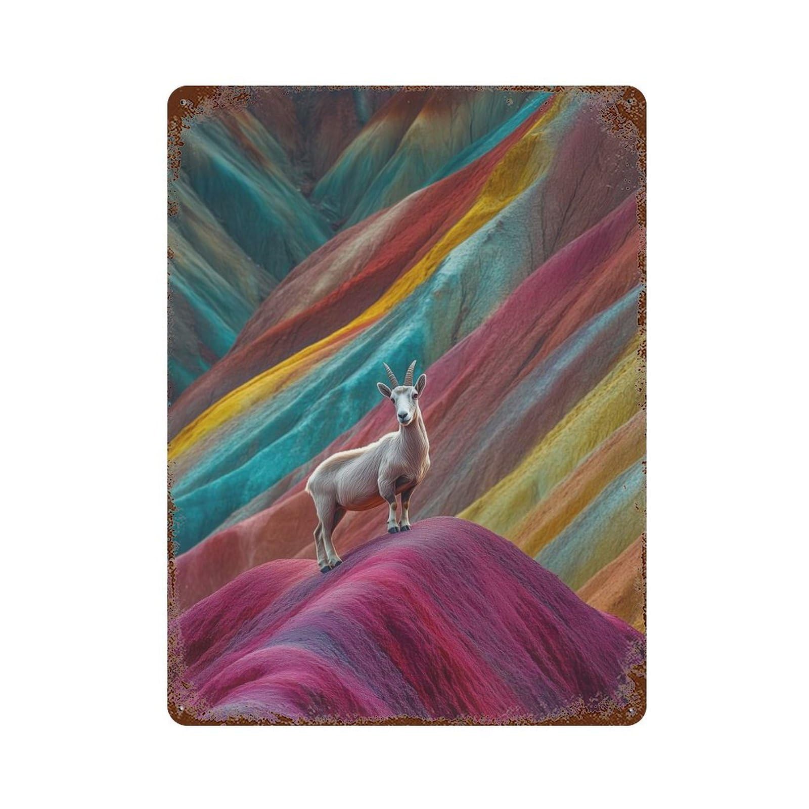 Garage Style Goat Rainbow Hills Decorative Tin Sign 15.7"x11.8", Farmhouse Wall Decor for Bar And Workshop